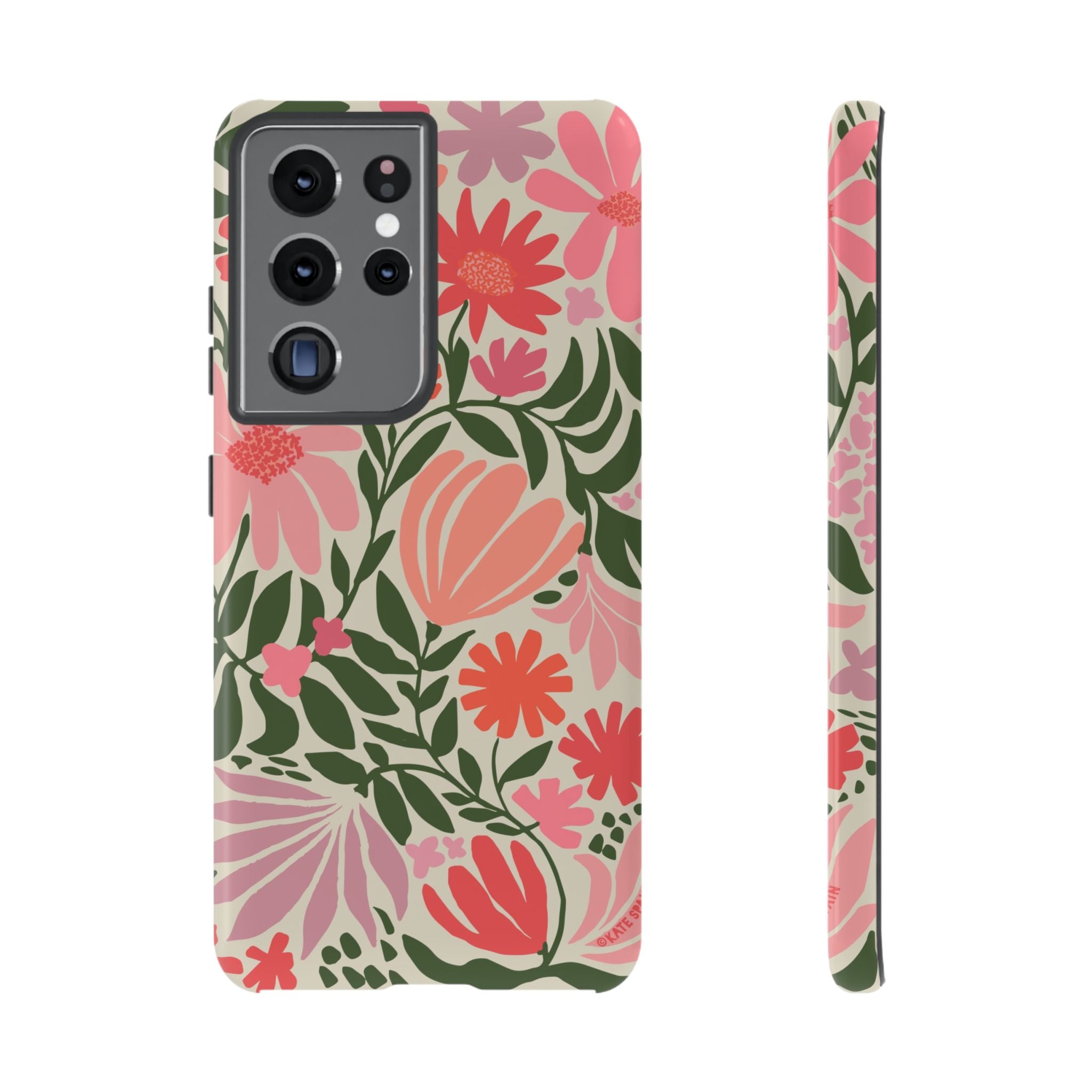 Luxury Botanica Samsung Galaxy S21 Ultra Case – Glossy | cream, coral, pink botanical wildflower print