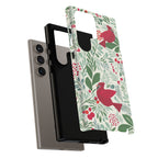 Birds and Berries Samsung Galaxy S24 Ultra Case – dual-layer construction of case in cream, red, green botanical cardinal berry print