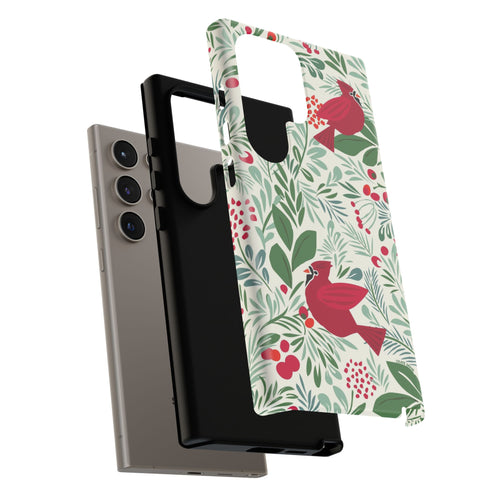 Birds and Berries Samsung Galaxy S24 Ultra Case – dual-layer construction of case in cream, red, green botanical cardinal berry print