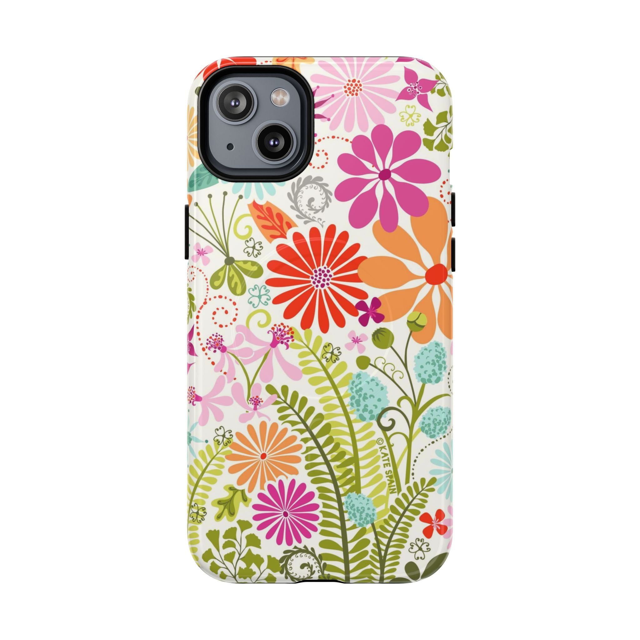 Terrain Day MagSafe iPhone 14 Plus Case – Glossy | white, magenta, coral botanical woodland floral print