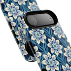 Modern Dahlia MagSafe iPhone 17 Air Case – angled view of camera | navy, slate blue, white geometric dahlia tile floral print