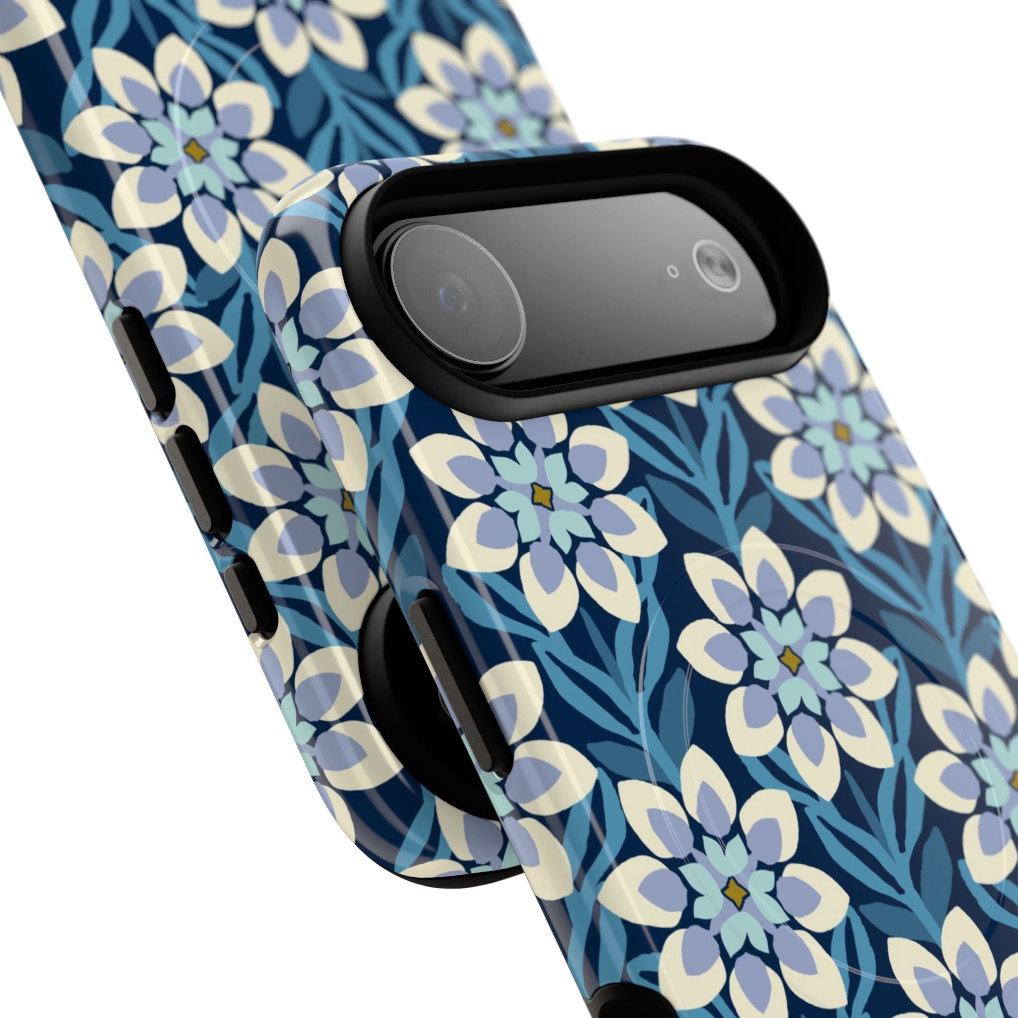 Modern Dahlia MagSafe iPhone 17 Air Case – angled view of camera | navy, slate blue, white geometric dahlia tile floral print