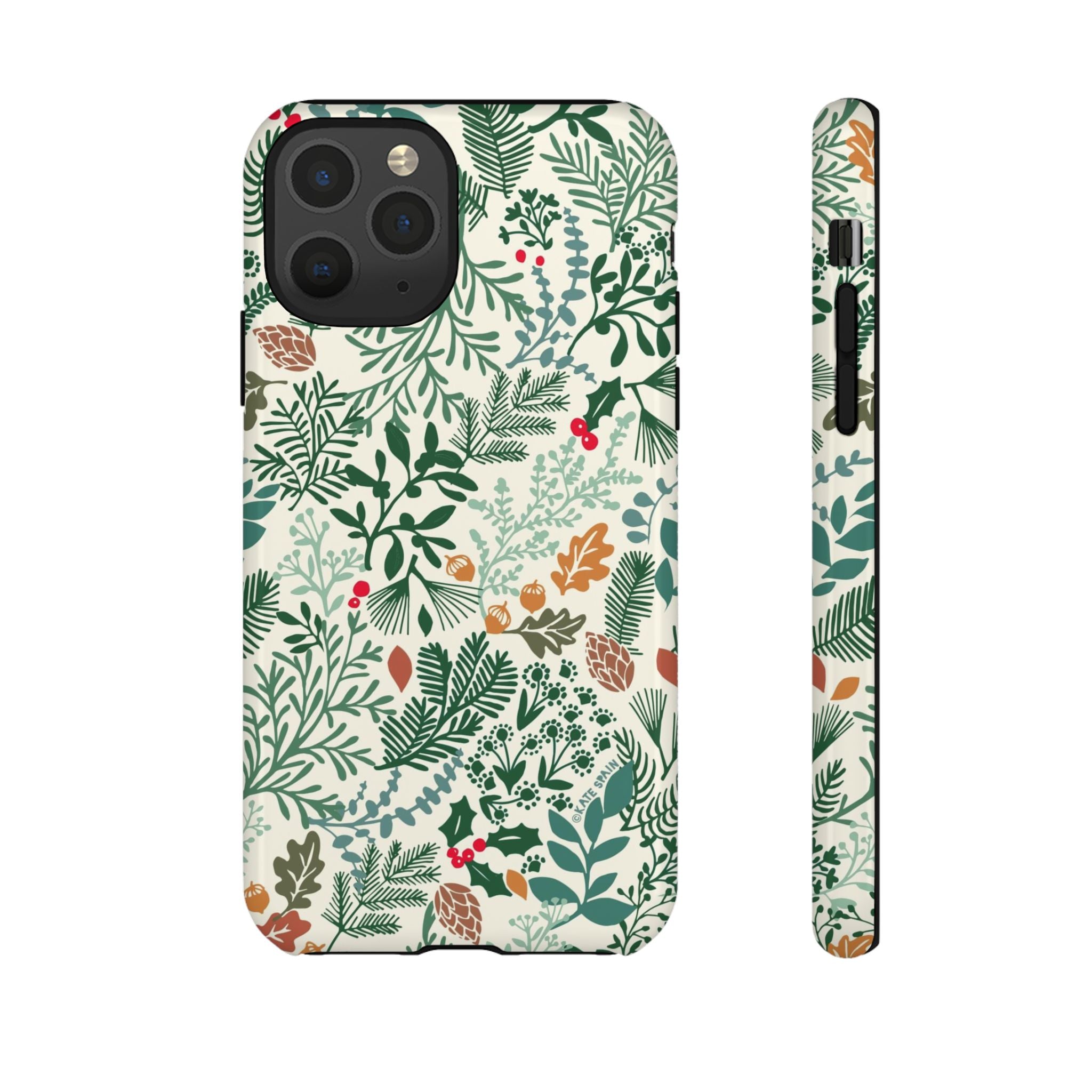 Juniper Tough iPhone 11 Pro Case – Glossy | cream, green, red botanical woodland print