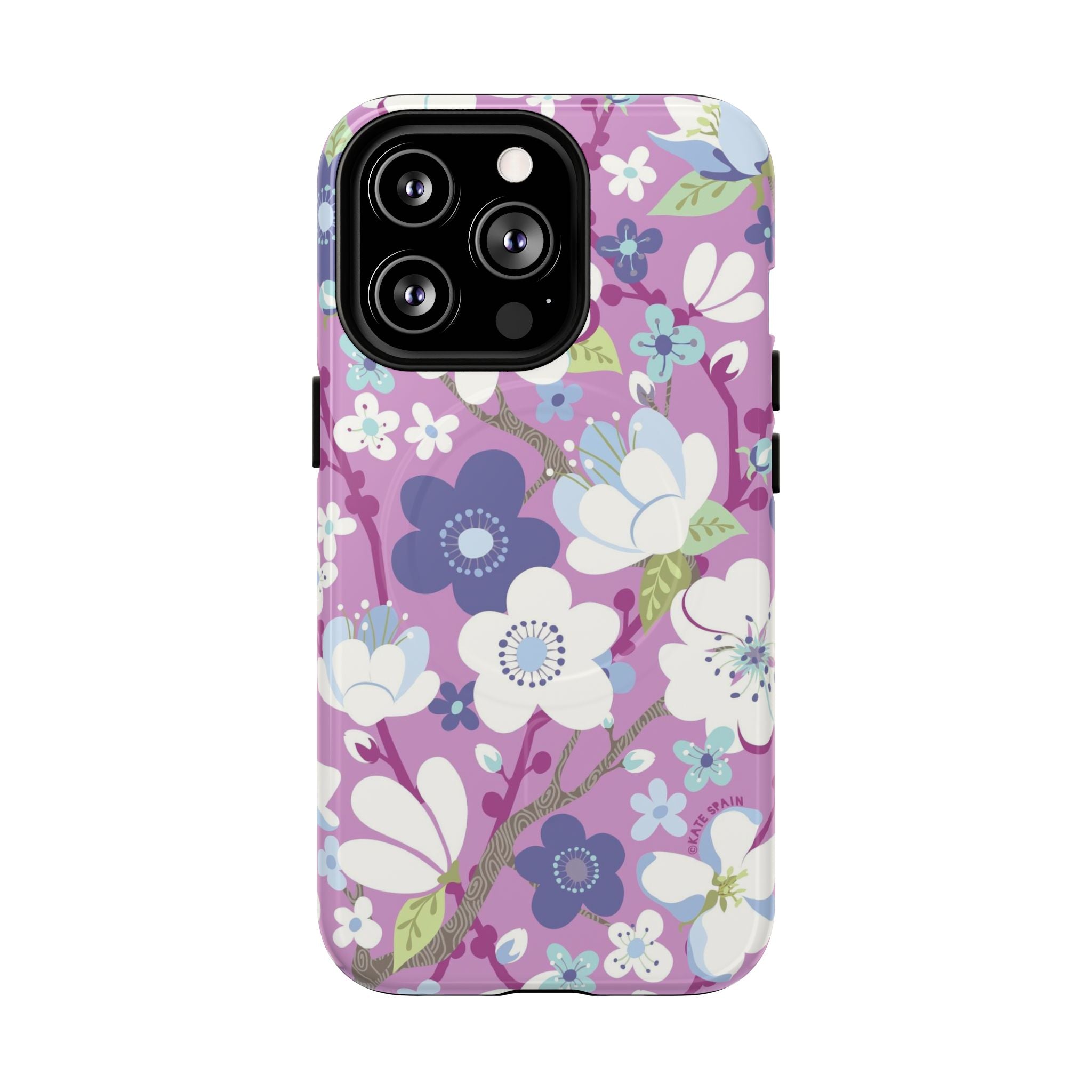 Purple Cherry Blossom MagSafe iPhone 13 Pro Case – Glossy | mauve, purple, blue, white cherry blossom print