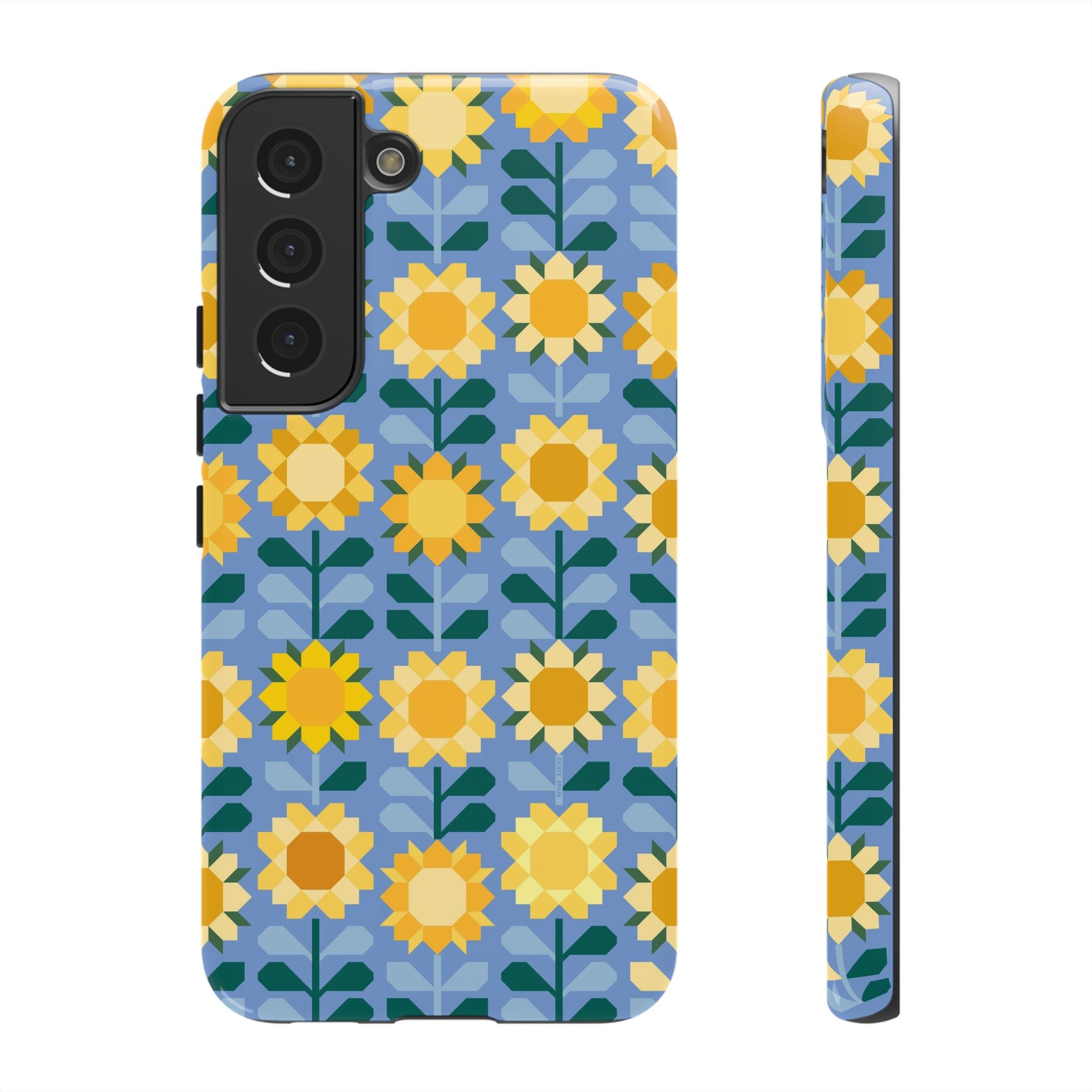 Luxury Sunflowers Samsung Galaxy S22 Case – Glossy | blue, yellow, gold geometric sunflower print 