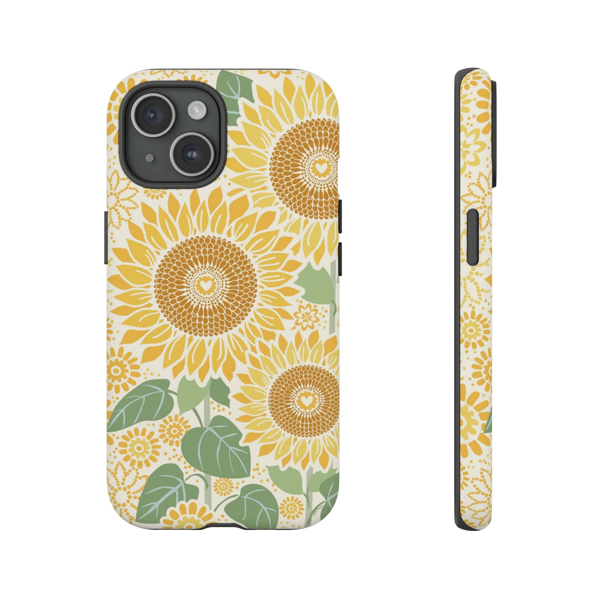 Sunny Sunflower iPhone 15 case – Matte | cream ground, large-scale yellow sunflower print, golden seed detail with heart centers, dual-layer protection