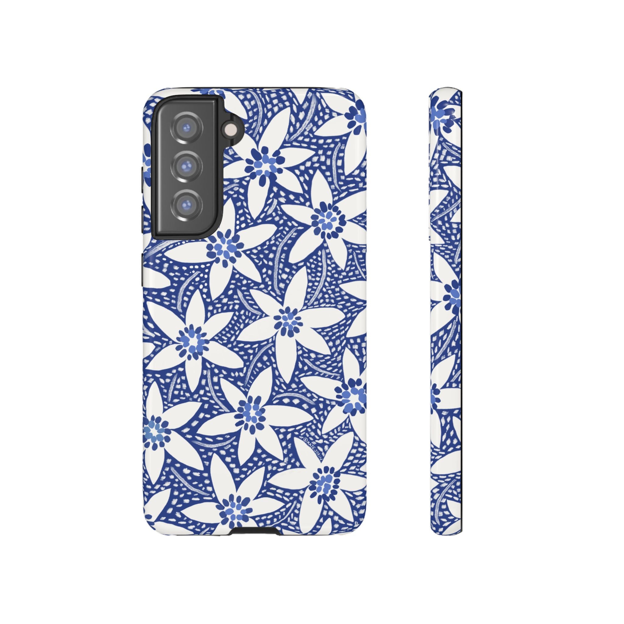 Starflower Samsung Galaxy S21 FE Case – Glossy | navy, white geometric starflower print