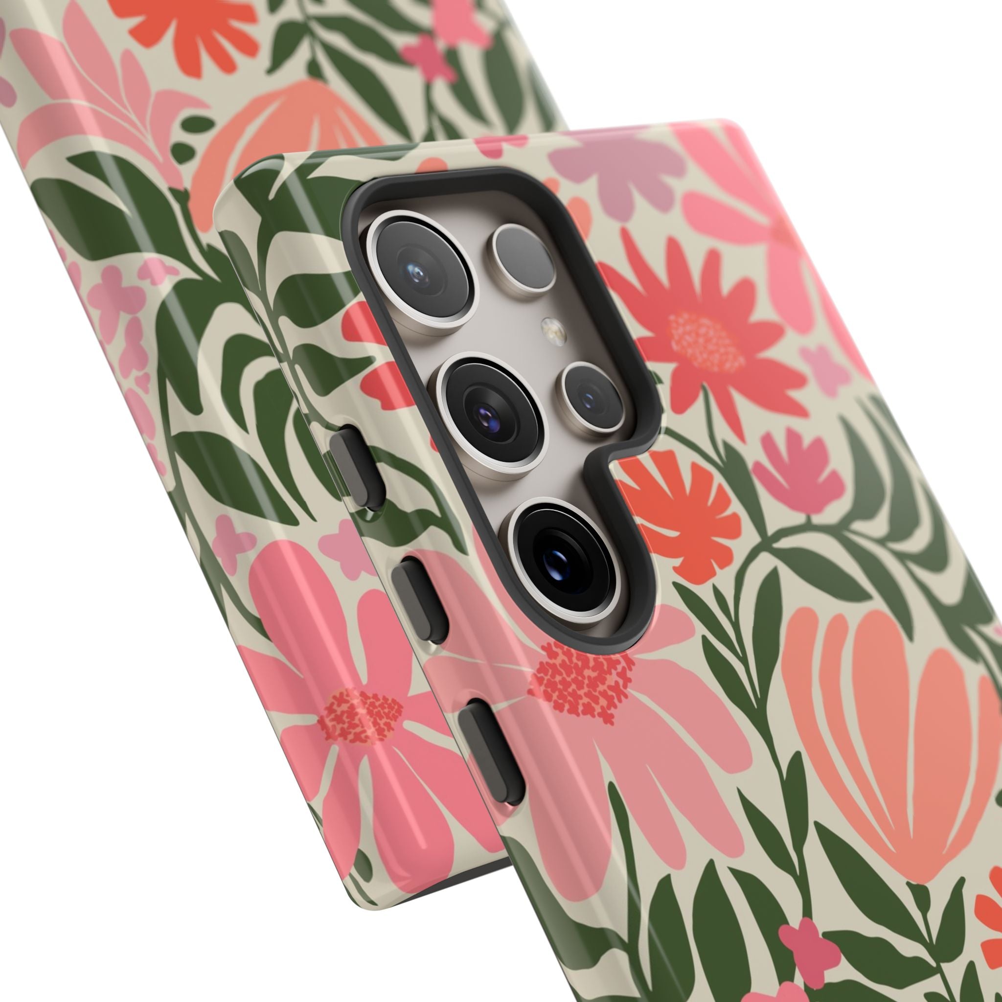 Luxury Botanica Samsung Galaxy S24 Ultra Case – Glossy | close-up of 5 lenses in camera cutout in case in cream, coral, pink botanical wildflower print