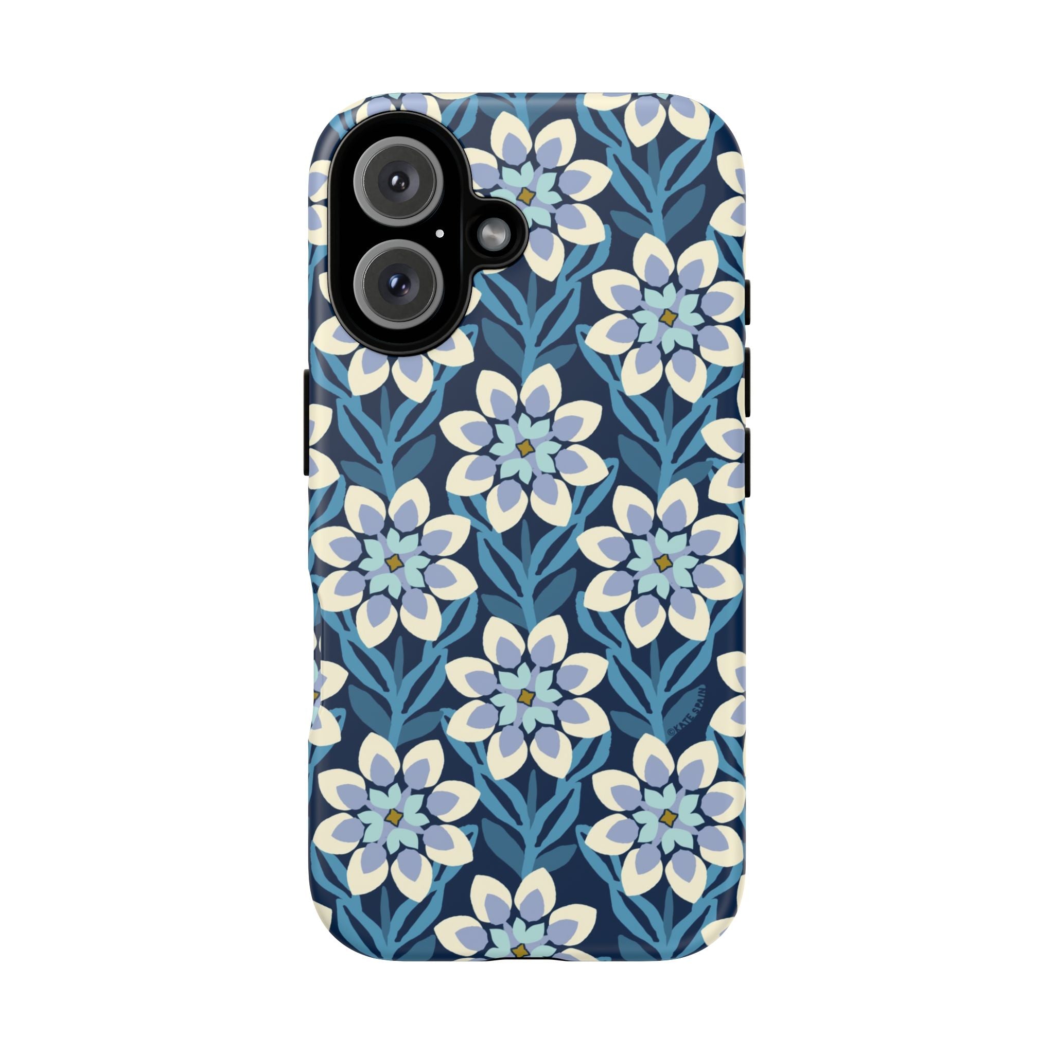 Designer Modern Dahlia Tough iPhone 16 Case – Matte | navy, cobalt, white dahlia floral print