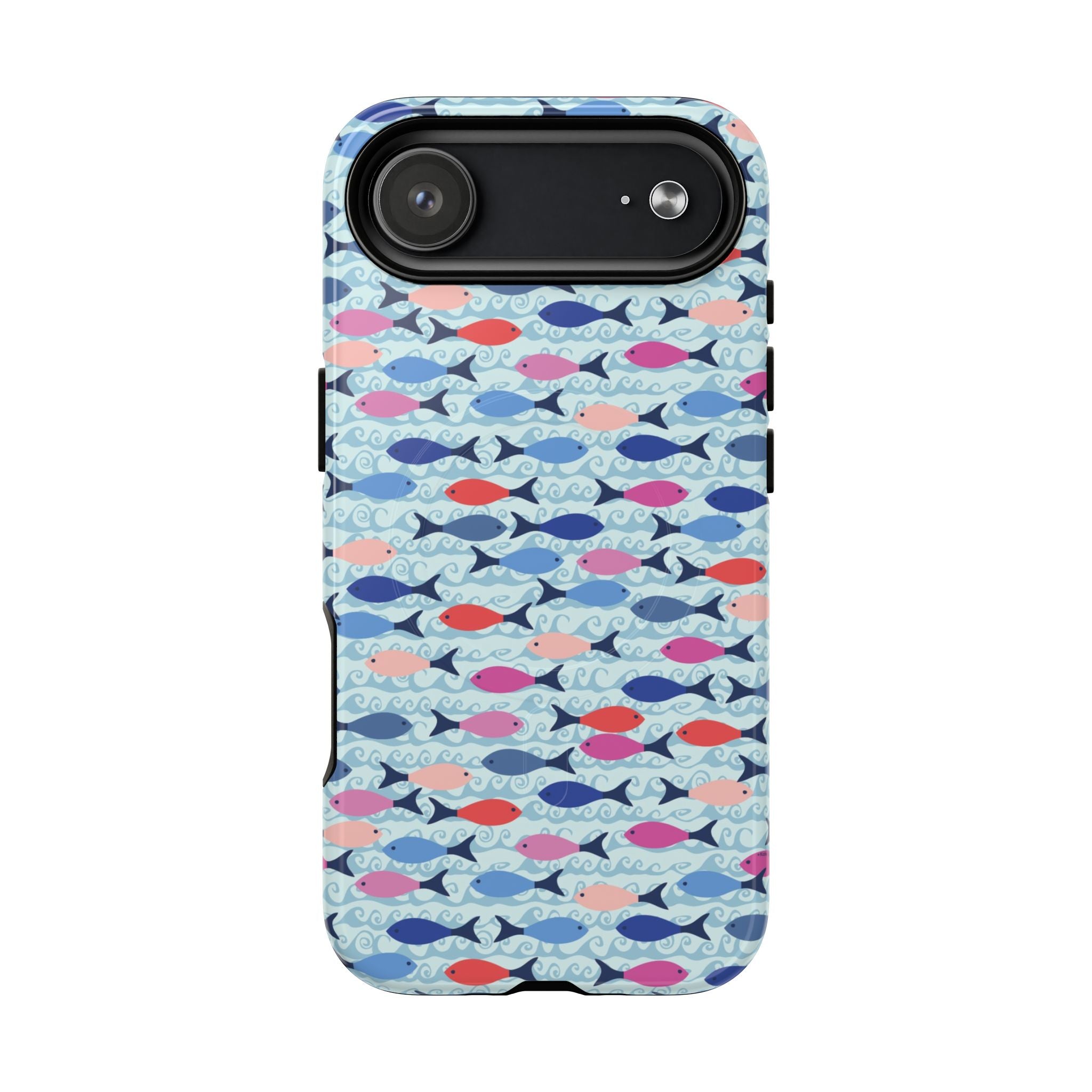 Summer Minnows MagSafe iPhone 17 Air Case – Glossy | navy, coral, pink, and periwinkle fish on a pale aqua ground