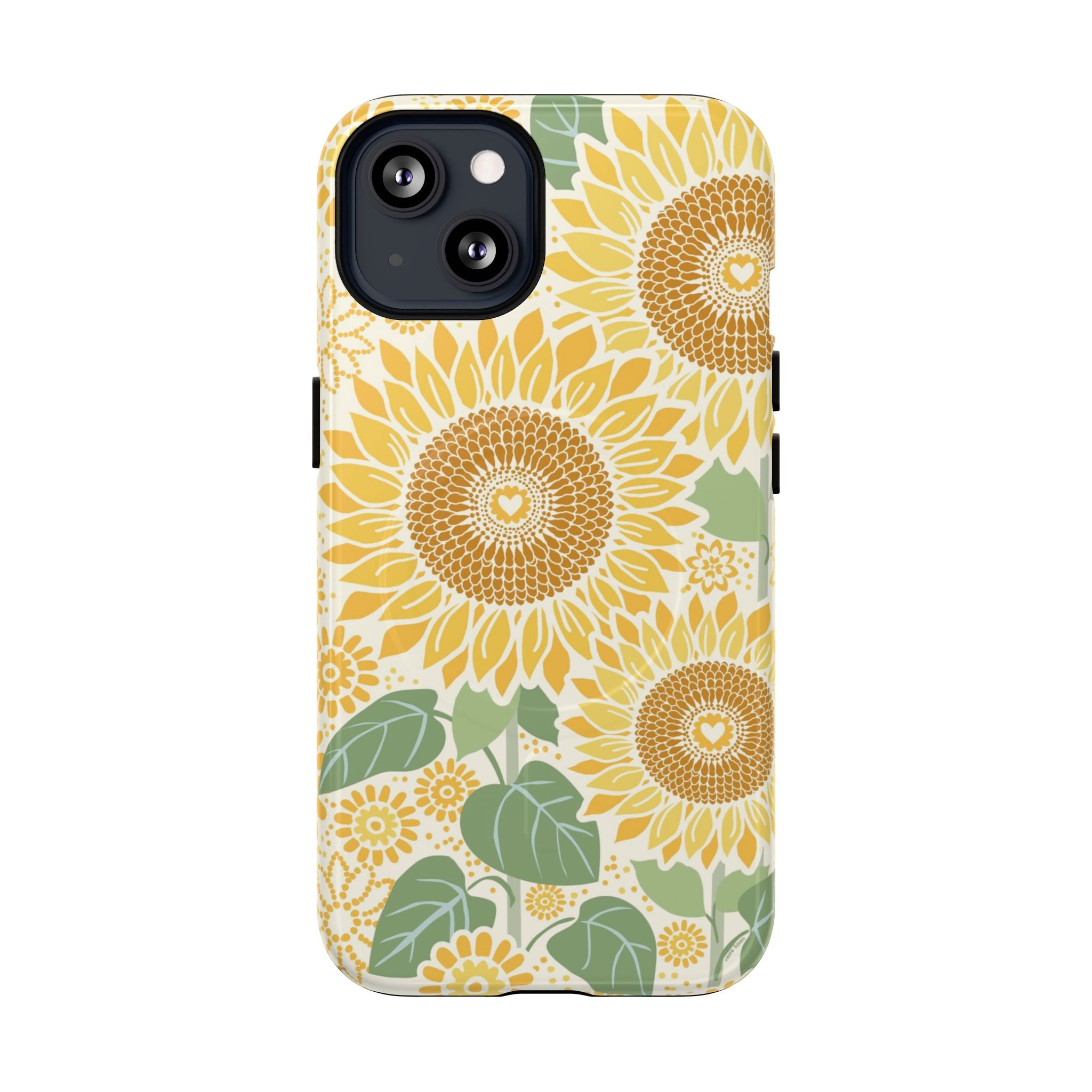 Sunny Sunflower MagSafe iPhone 13 – Glossy | cream ground, large-scale yellow sunflower print, golden seed detail with heart centers, dual-layer protection