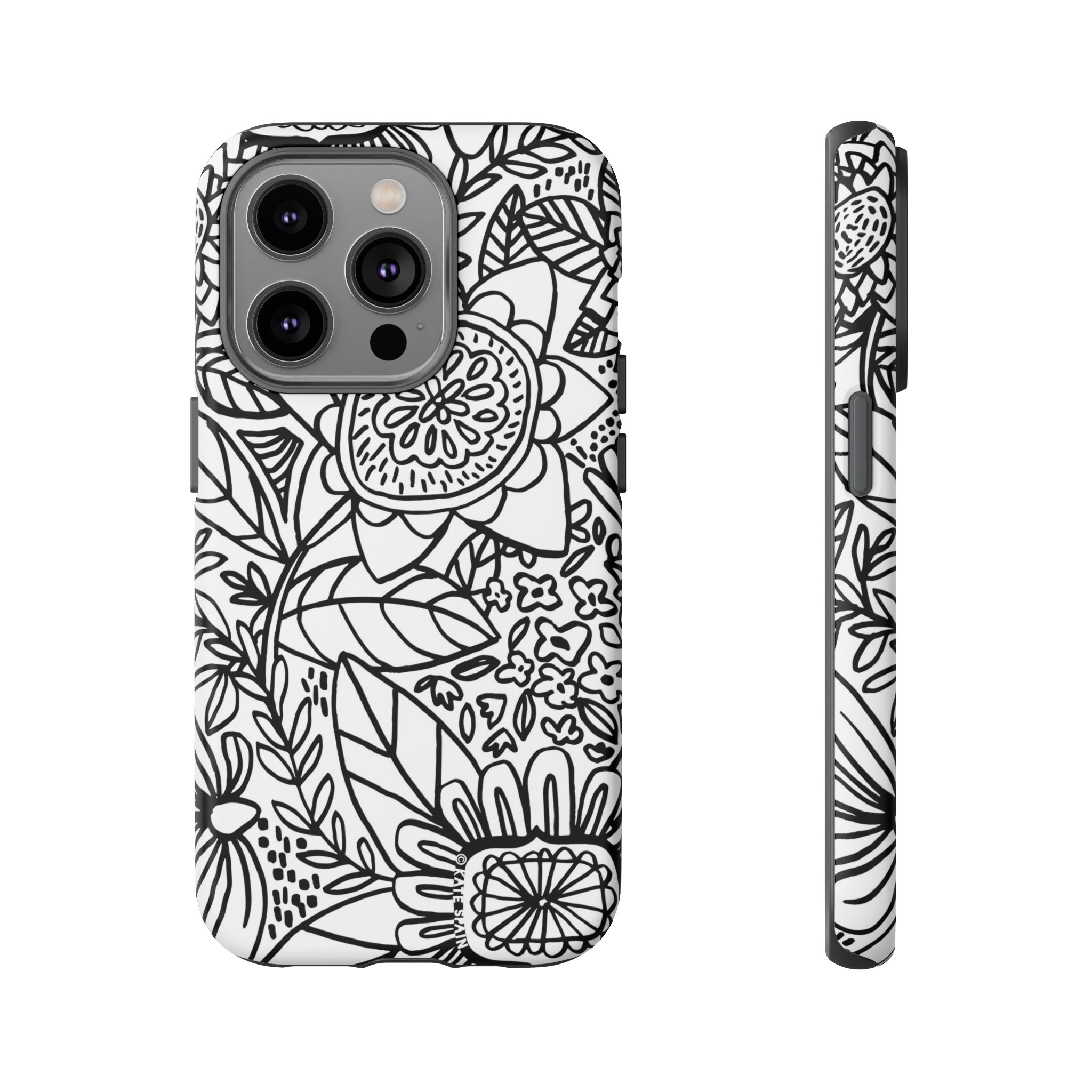 Esprit Tough iPhone 14 Pro Case – Matte | white, black botanical line art floral print