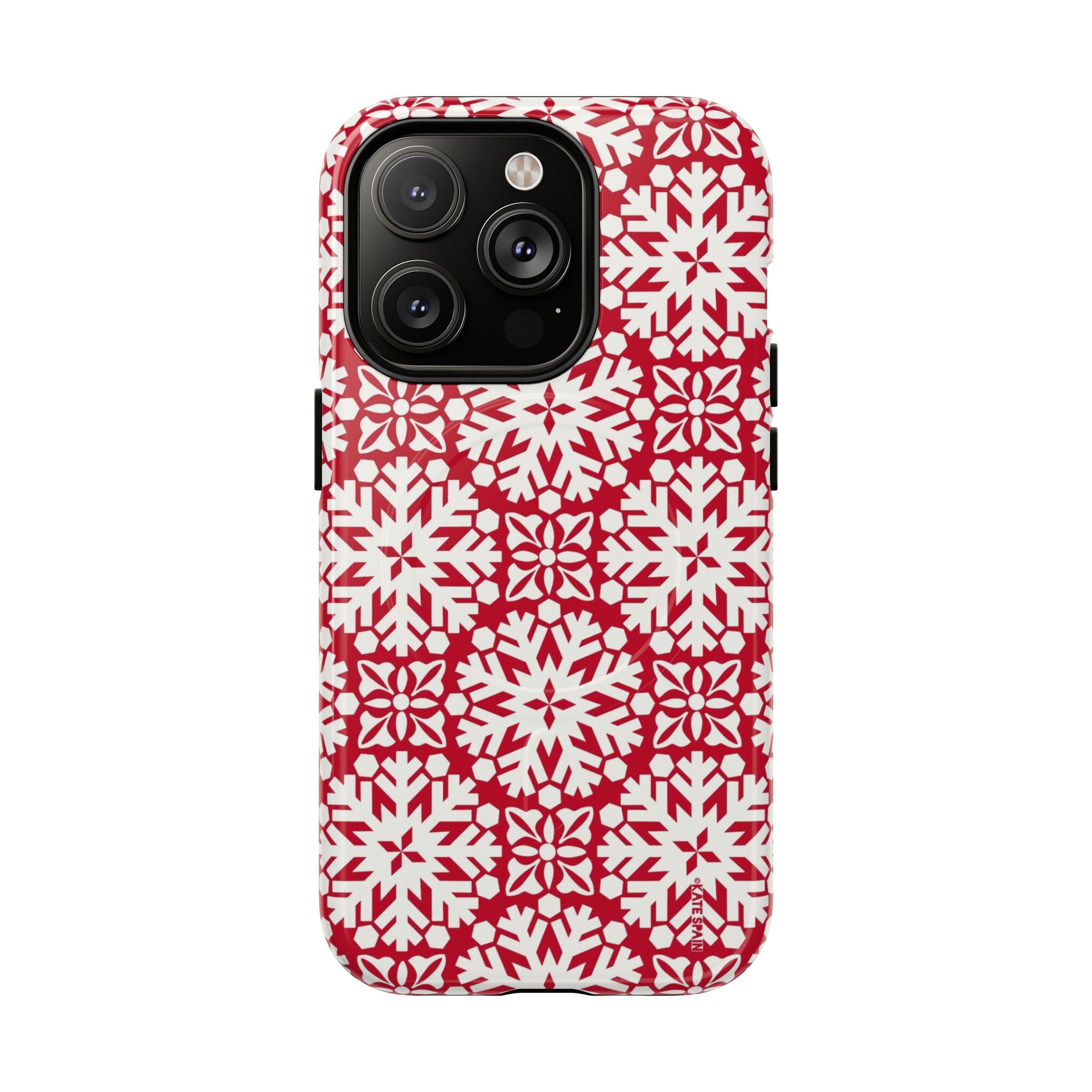 Flurry MagSafe iPhone 14 Pro Case – Glossy | red and cream geometric snowflake tile print