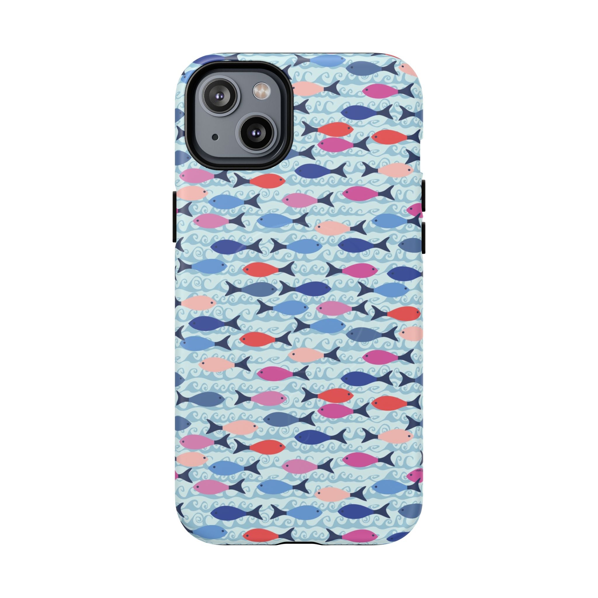 Summer Minnows MagSafe iPhone 14 Plus Case – Matte | navy, coral, pink, and periwinkle fish on a pale aqua ground