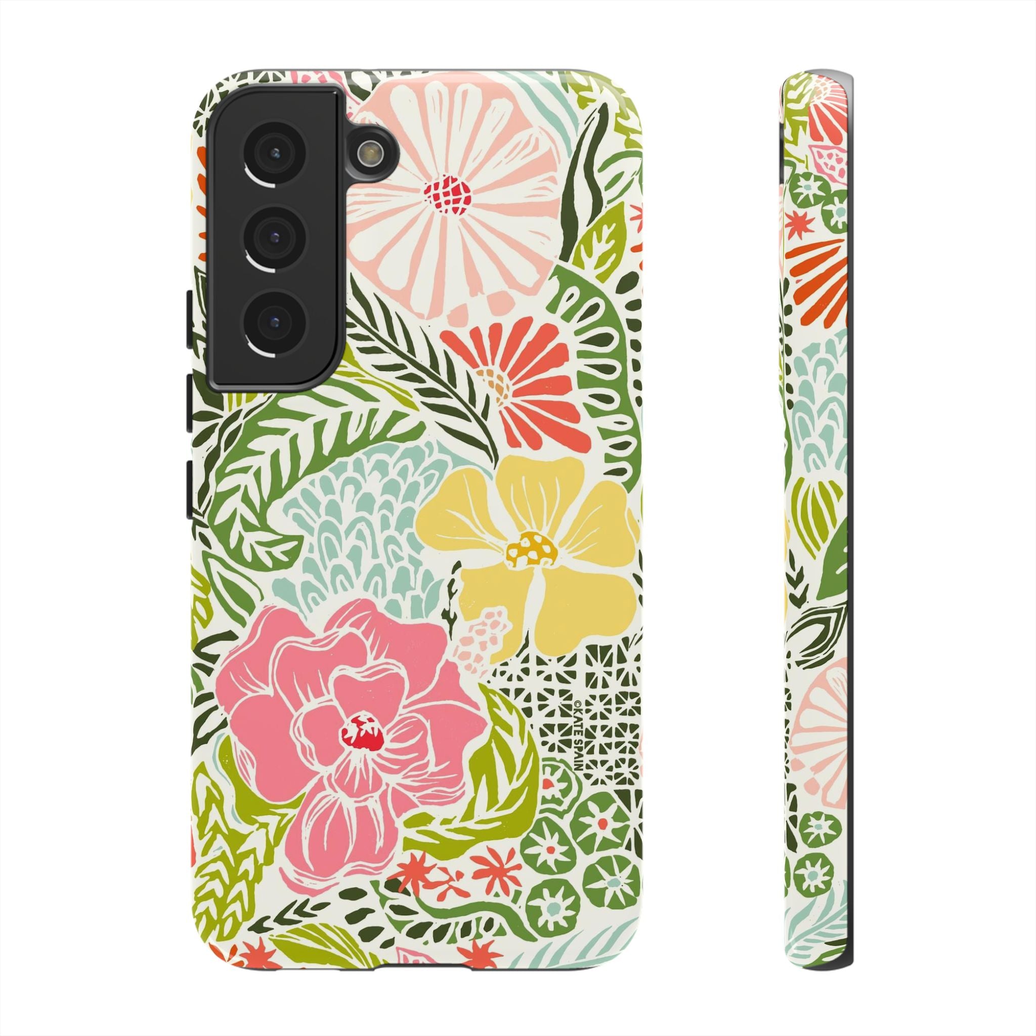 Cute Tropica Samsung Galaxy S22 Case – Glossy | cream, pink, yellow, blue botanical floral print