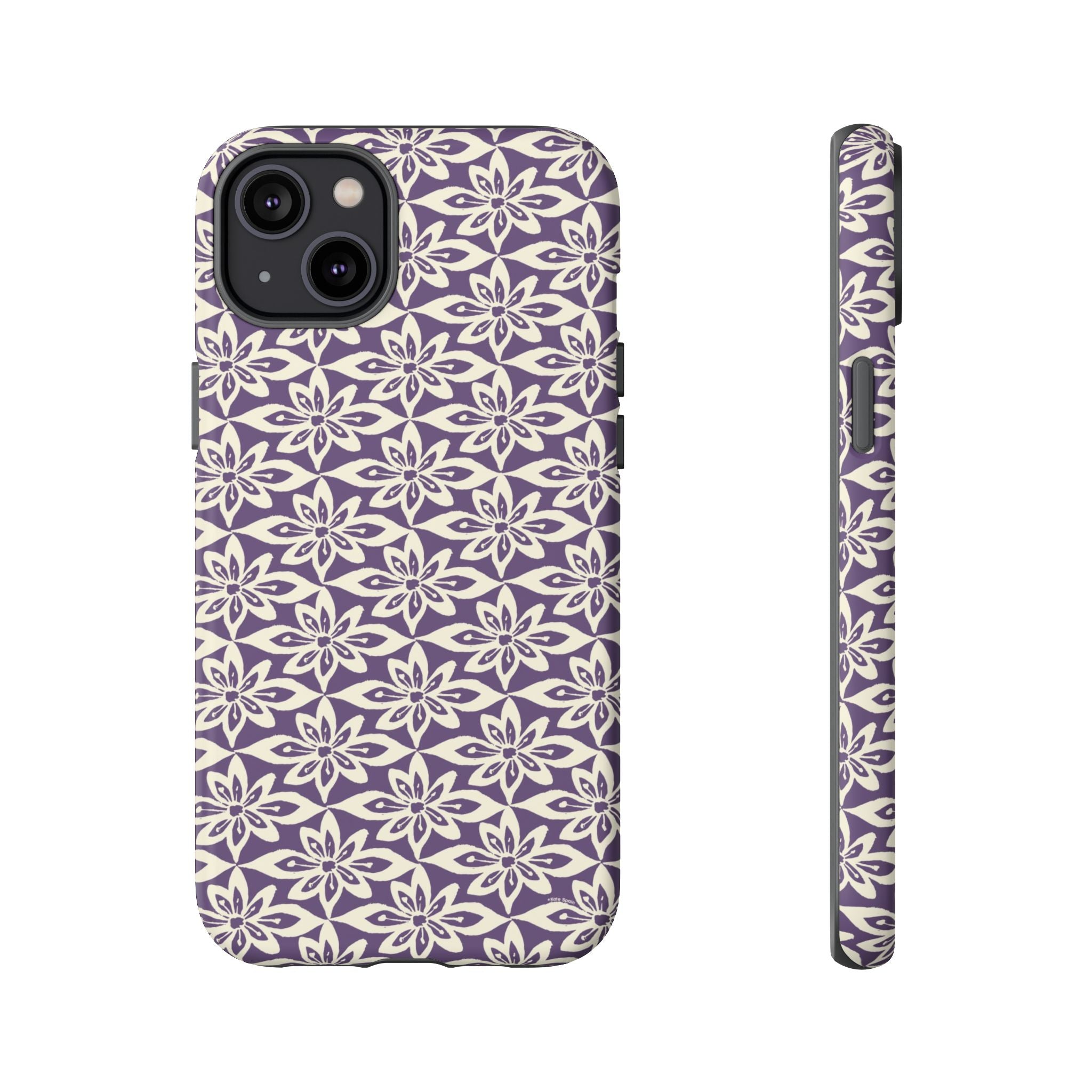 Lily Plum iPhone 14 Plus Case – Matte | graphic white lily print on rich violet — botanical phone case by Kate Spain