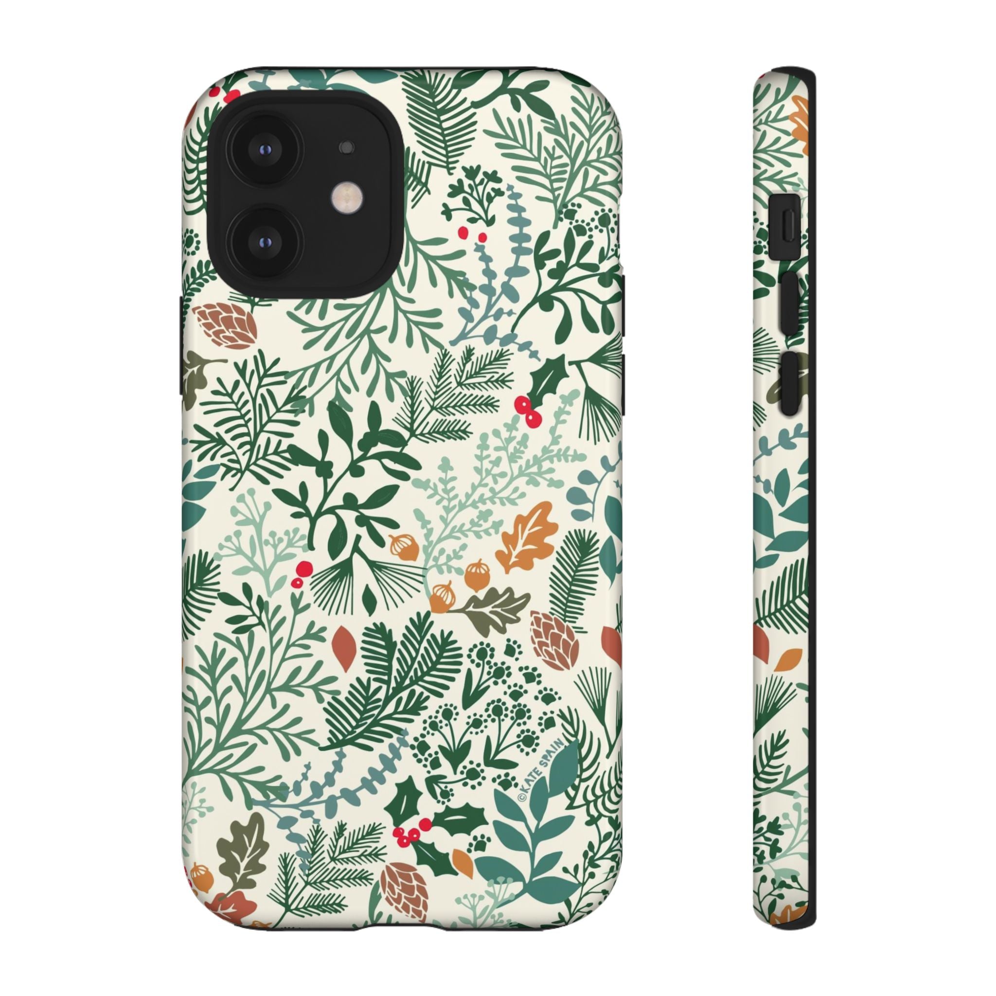 Juniper Tough iPhone 12 Case – Glossy | cream, green, red botanical woodland print