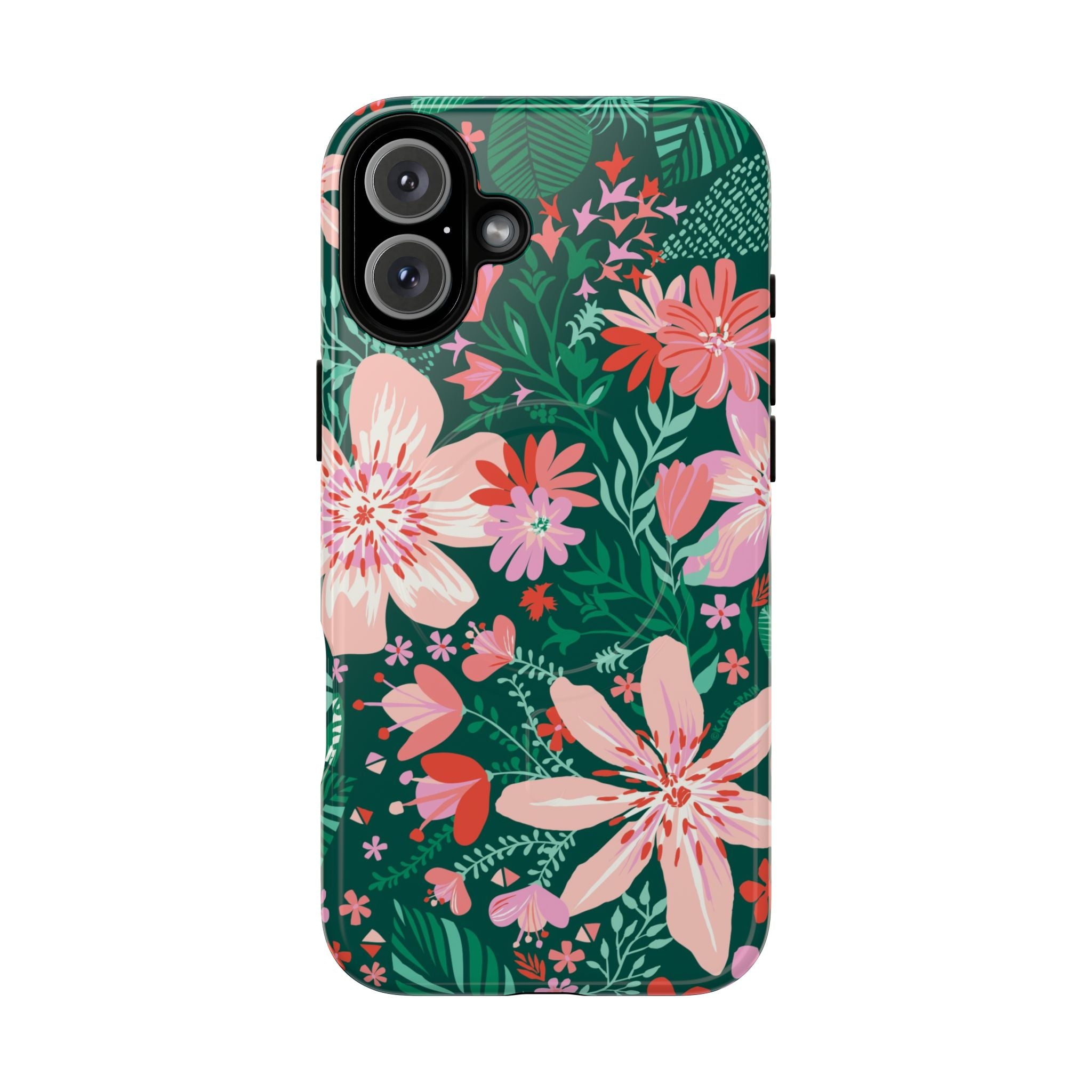 Bonaire MagSafe iPhone 16 Plus Case – Glossy | jade, pink, white tropical floral botanical print