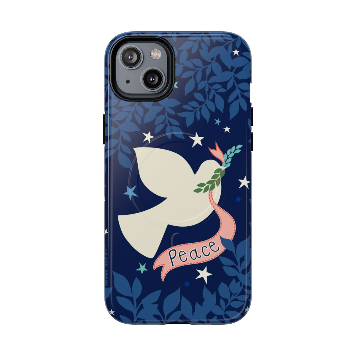 Peace MagSafe iPhone 14 Plus Case – Glossy | navy, cream peace dove, stars, botanical print