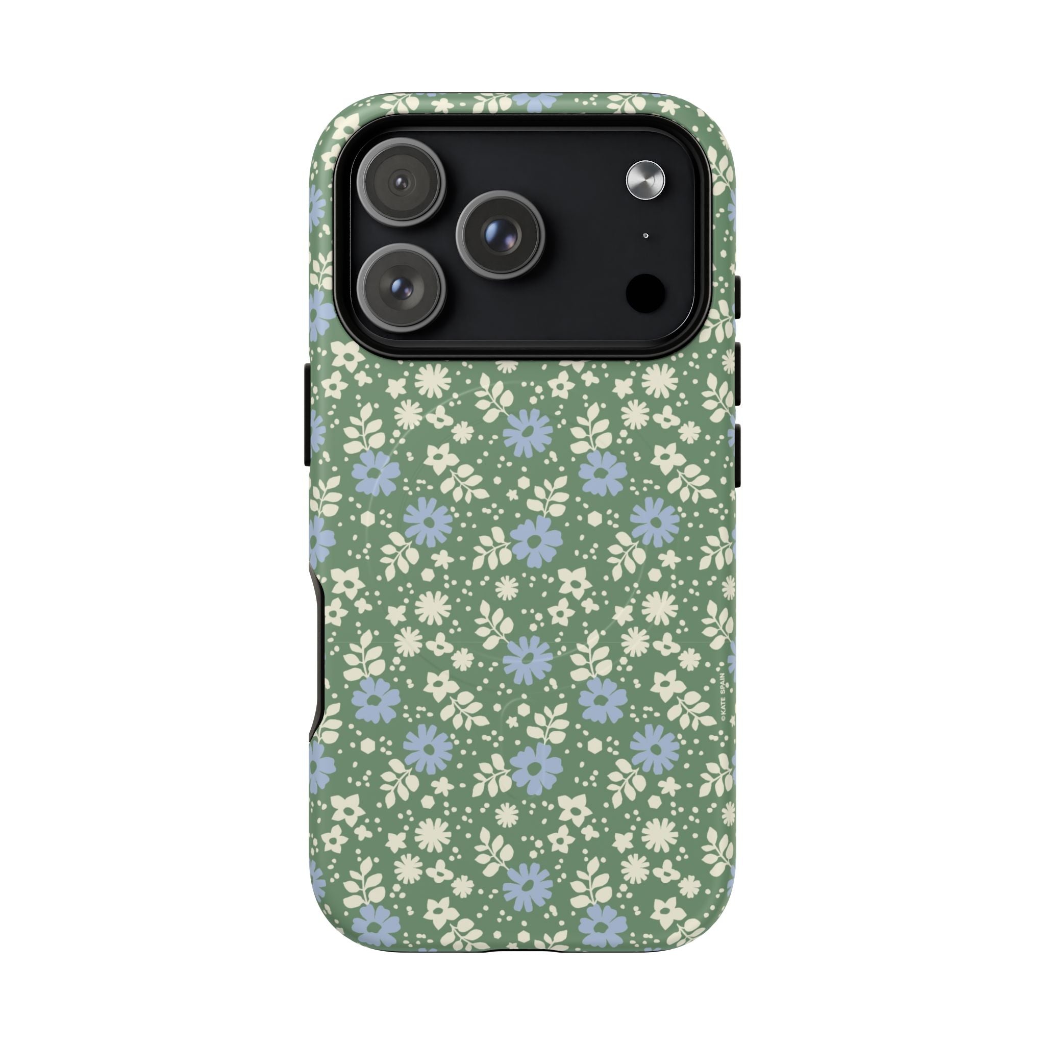 Petaline Green MagSafe iPhone 17 Pro Case – Matte | cream and periwinkle blue ditsy floral print on a sage green ground