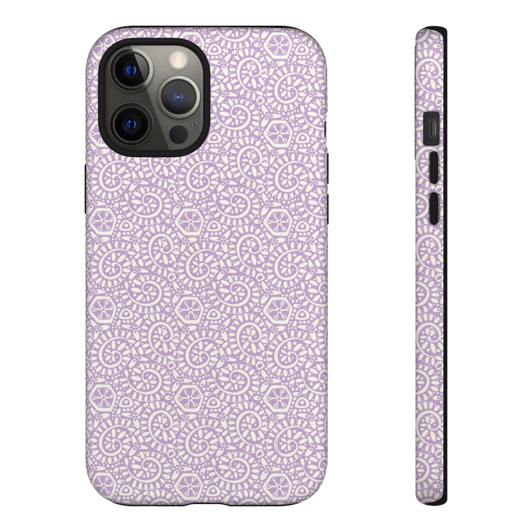 Canto Swirls Lavender iPhone 12 Pro Max Matte Case — lavender hard case covered in an intricate folk-art medallion pattern of radiating circular motifs, dot clusters, and geometric centers