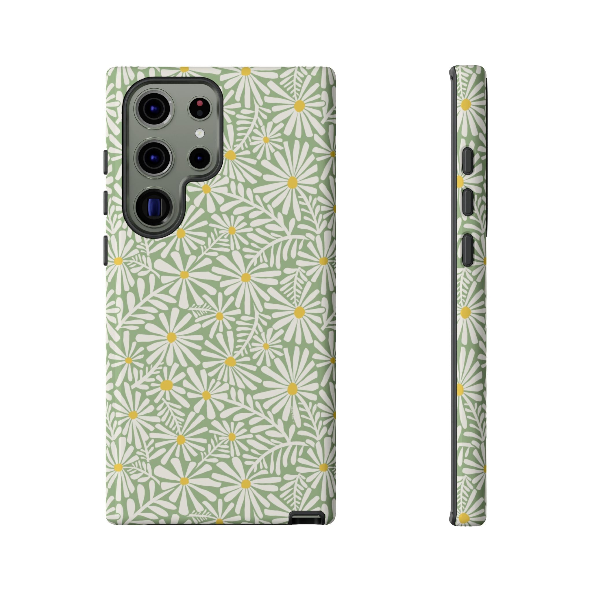 Montauk Daisy Meadow Green Samsung Galaxy S23 Ultra Glossy case — white daisy and fern print on sage green by Kate Spain