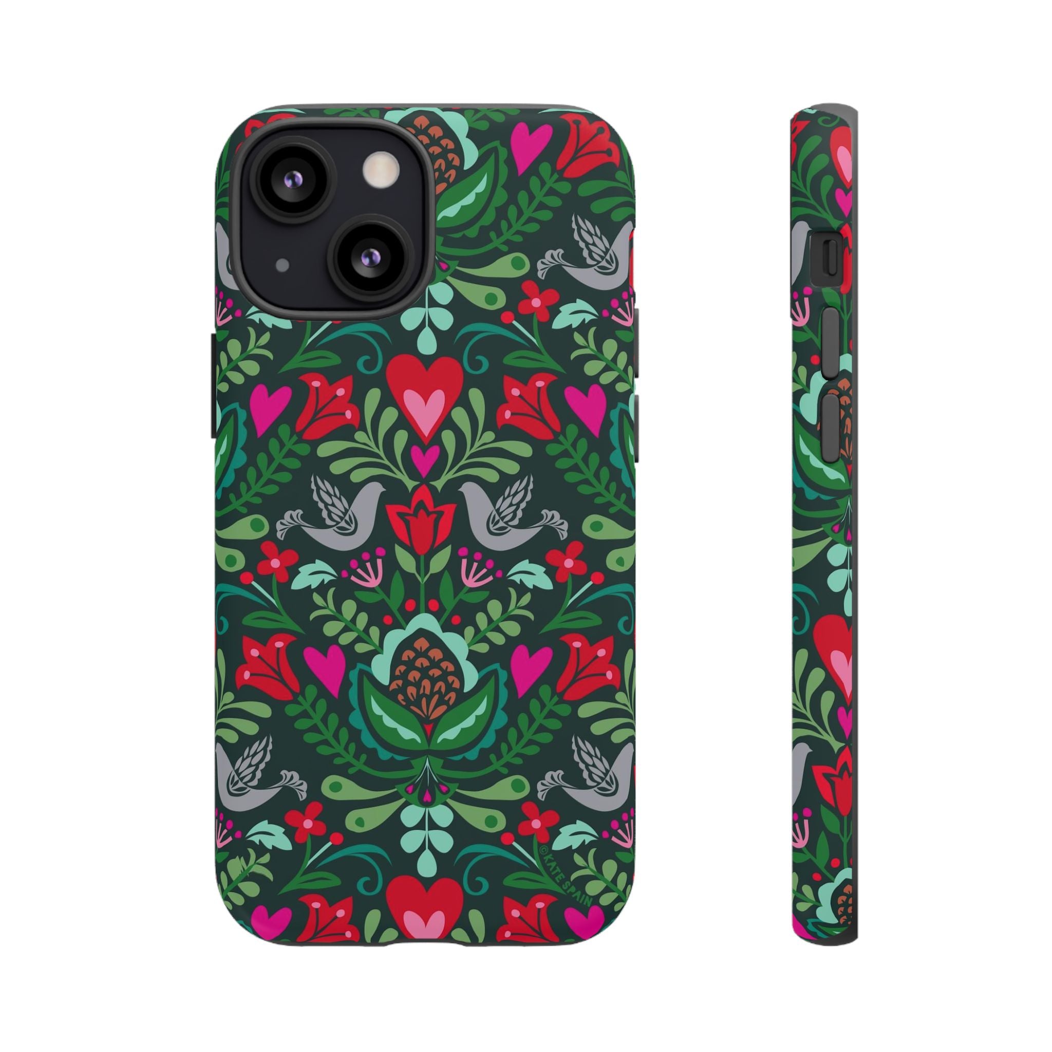 Rosemaling Tough iPhone 13 Mini Case – Matte | dark green, red, pink, gray folk art floral bird print