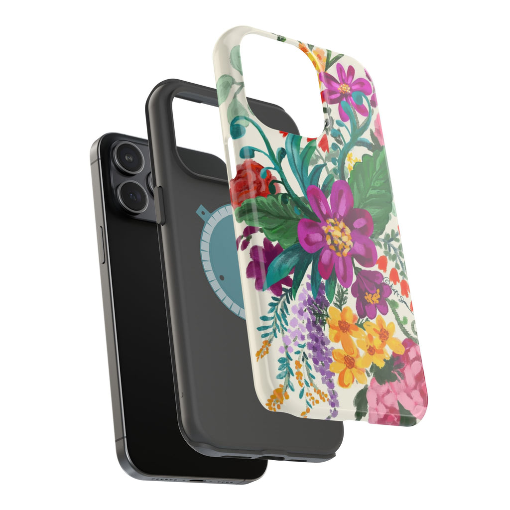 Posy MagSafe iPhone 15 Pro Case – Glossy angled view closeup of camera cutout and buttons | white, magenta, yellow, purple vibrant botanical floral print