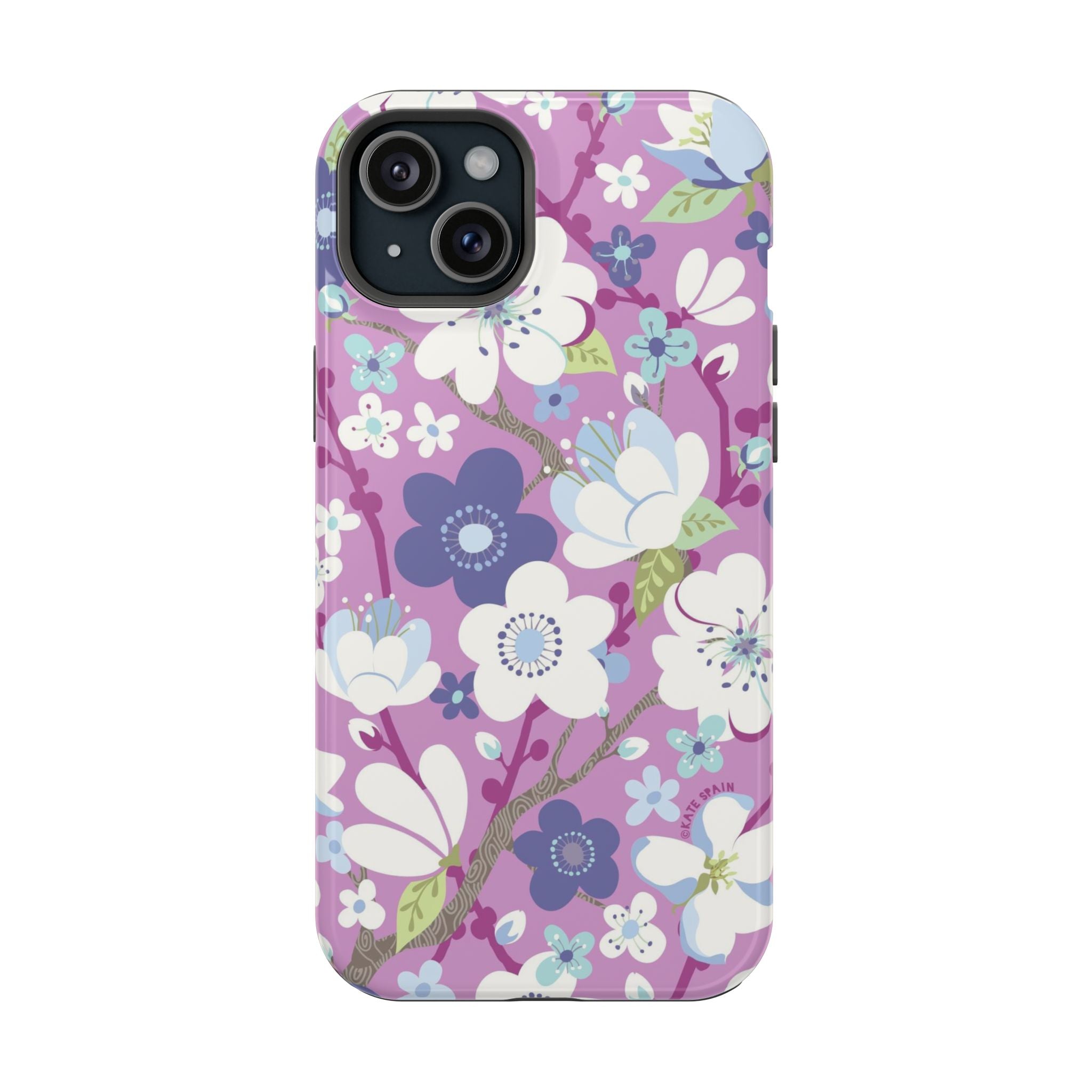 Luxury Cherry Blossom MagSafe iPhone 15 Plus Case – Glossy | mauve, purple, blue, white cherry blossom print