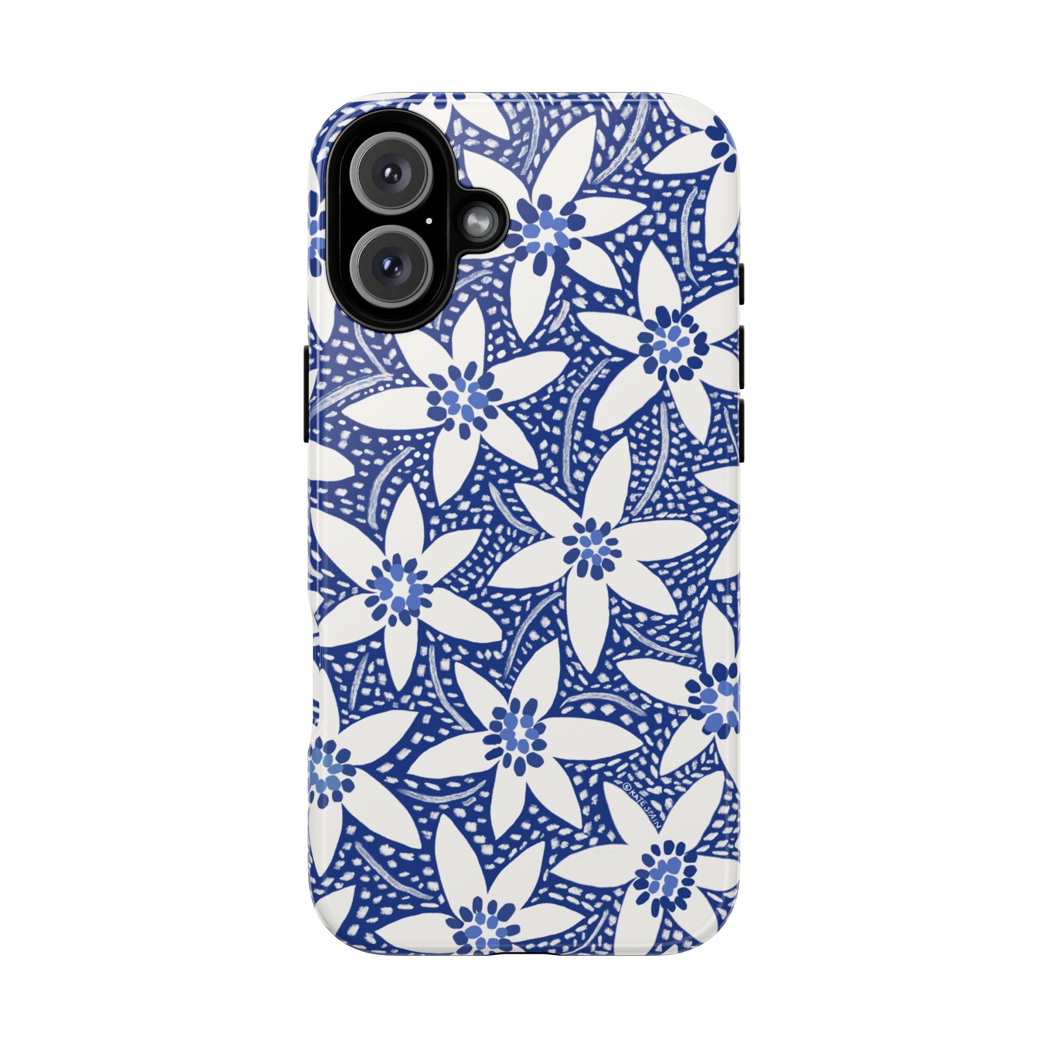 Starflower iPhone 16 Plus Case – Glossy | navy, white geometric starflower print