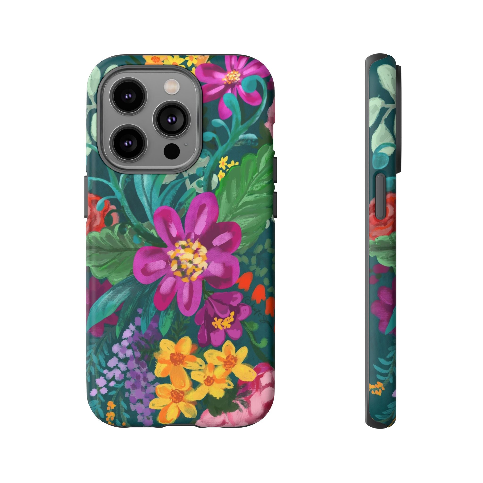 Posy Tough iPhone 14 Pro Case – Matte | teal, purple, magenta, yellow botanical wildflower print