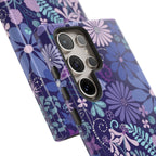 Luxury Terrain Samsung Galaxy S24 Case – Glossy | close-up 5 lenses camera cut-out in navy, purple, aqua botanical woodland floral print