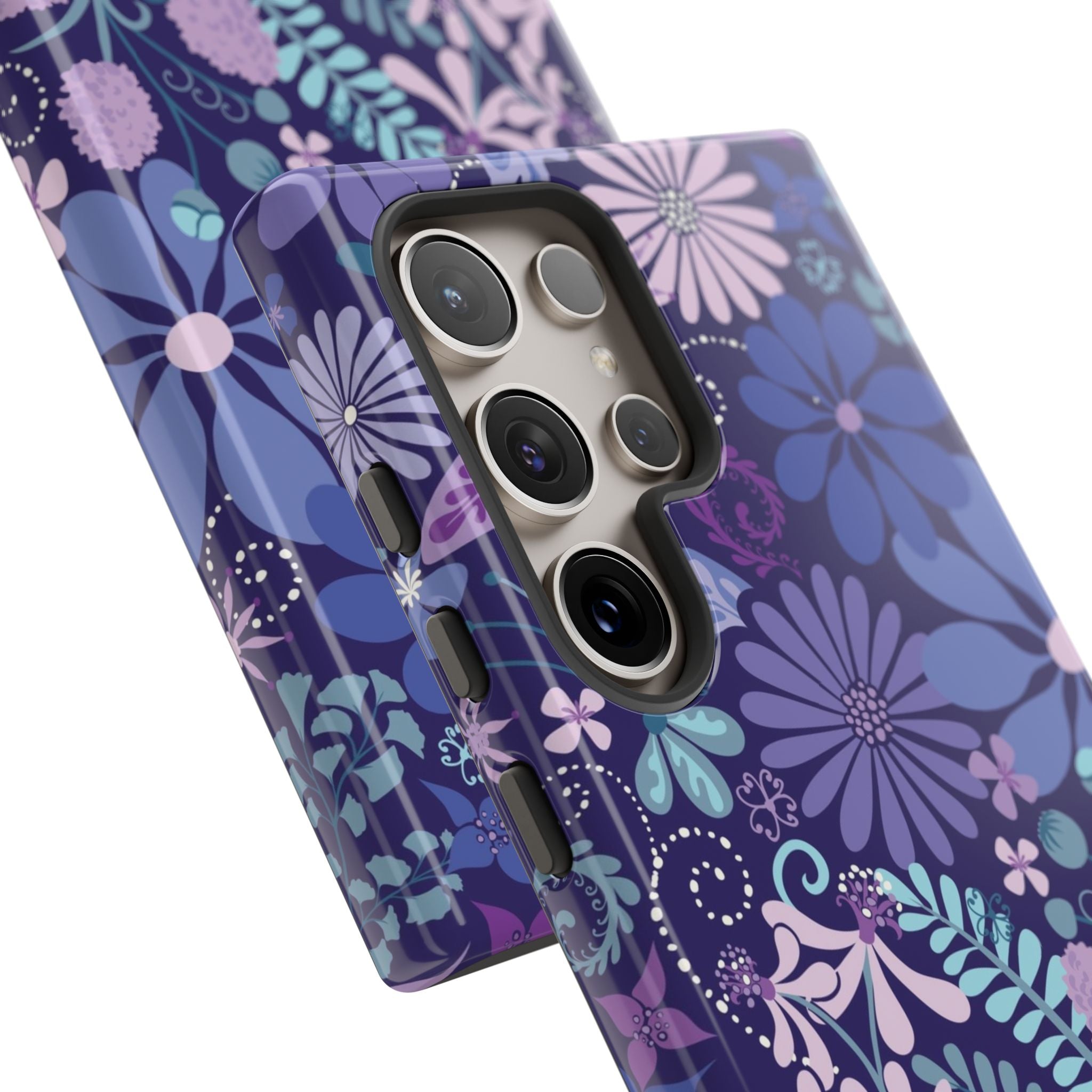 Luxury Terrain Samsung Galaxy S24 Case – Glossy | close-up 5 lenses camera cut-out in navy, purple, aqua botanical woodland floral print