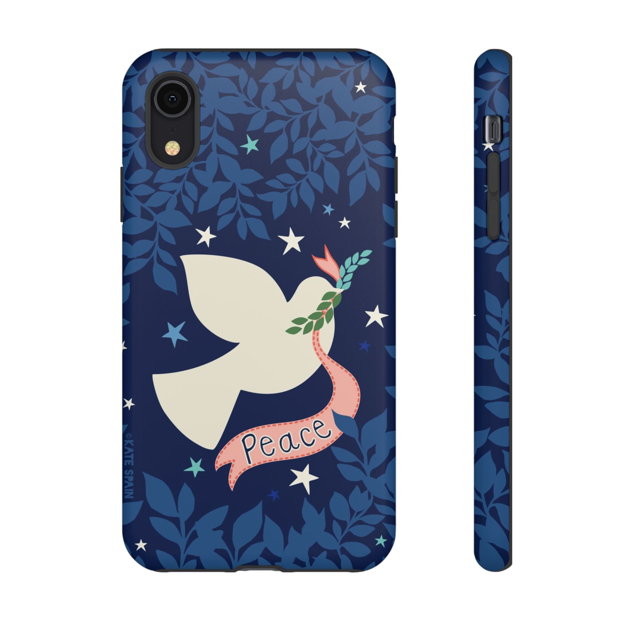 Peace Tough iPhone XR Case – Matte | navy, cream peace dove, stars, botanical print