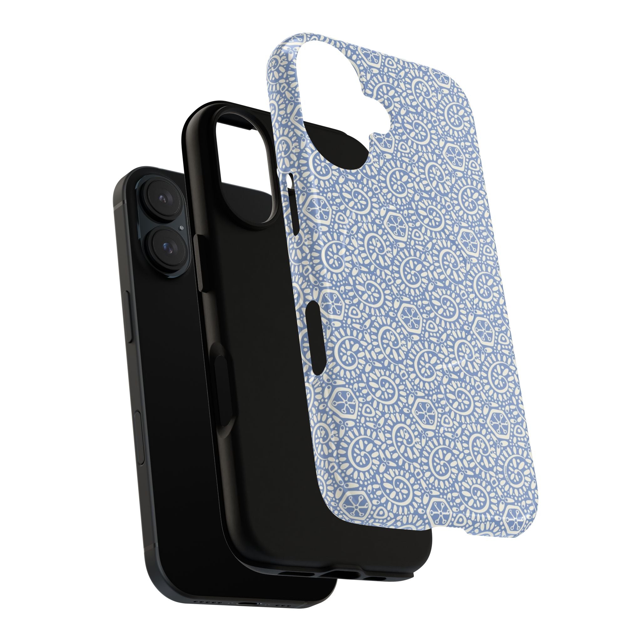 Canto Swirls Mist MagSafe iPhone 17 Glossy Case — dual-layer construction detail showing protective inner and outer layers; periwinkle blue folk-art medallion pattern