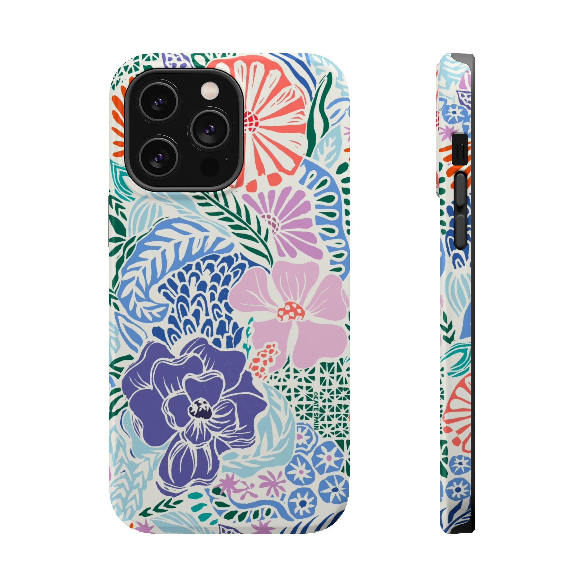 Tropica MagSafe iPhone 14 Pro Max Case – Glossy | purple, coral, pink, blue botanical tropical floral print MagSafe compatible, dual-layer protection