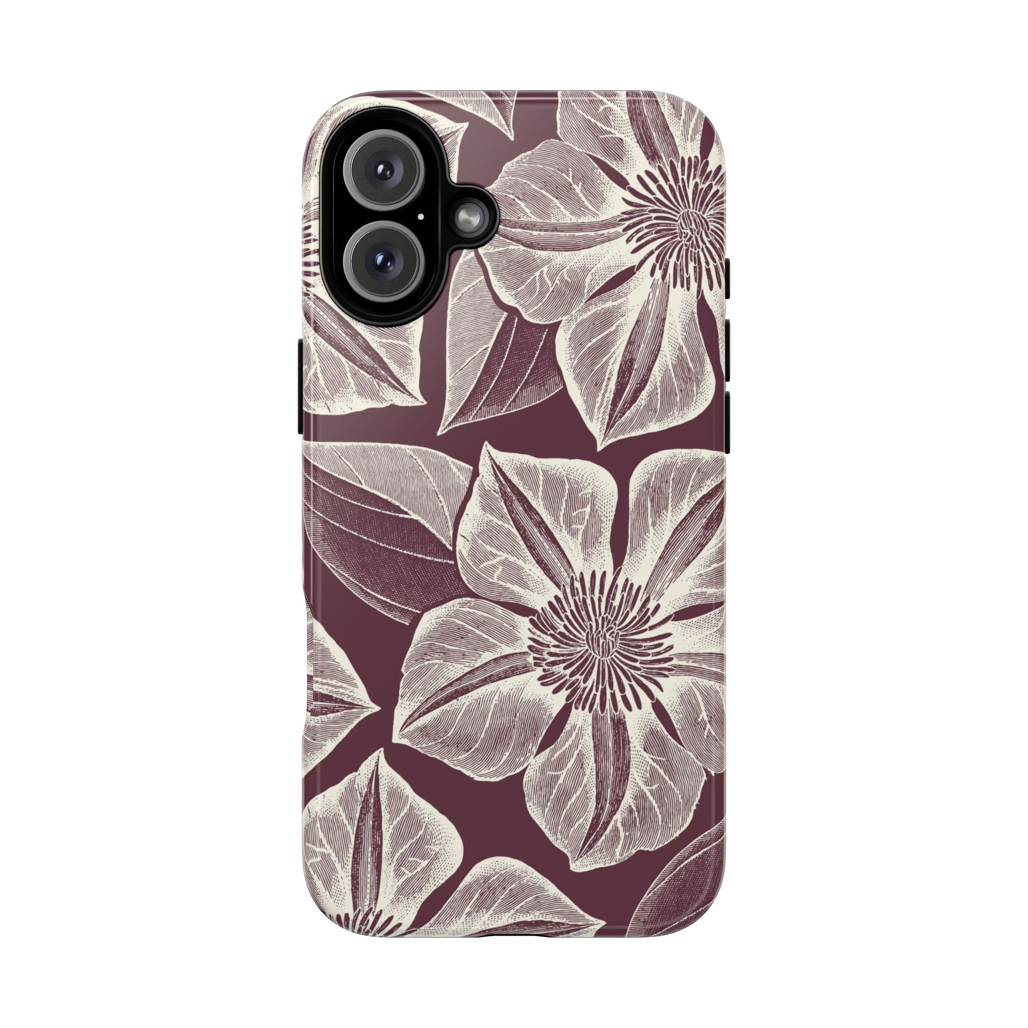 Vintage Bloom Burgundy iPhone 16 Plus case – Glossy | burgundy ground, large-scale cream clematis print, engraved petal detail, dual-layer protection