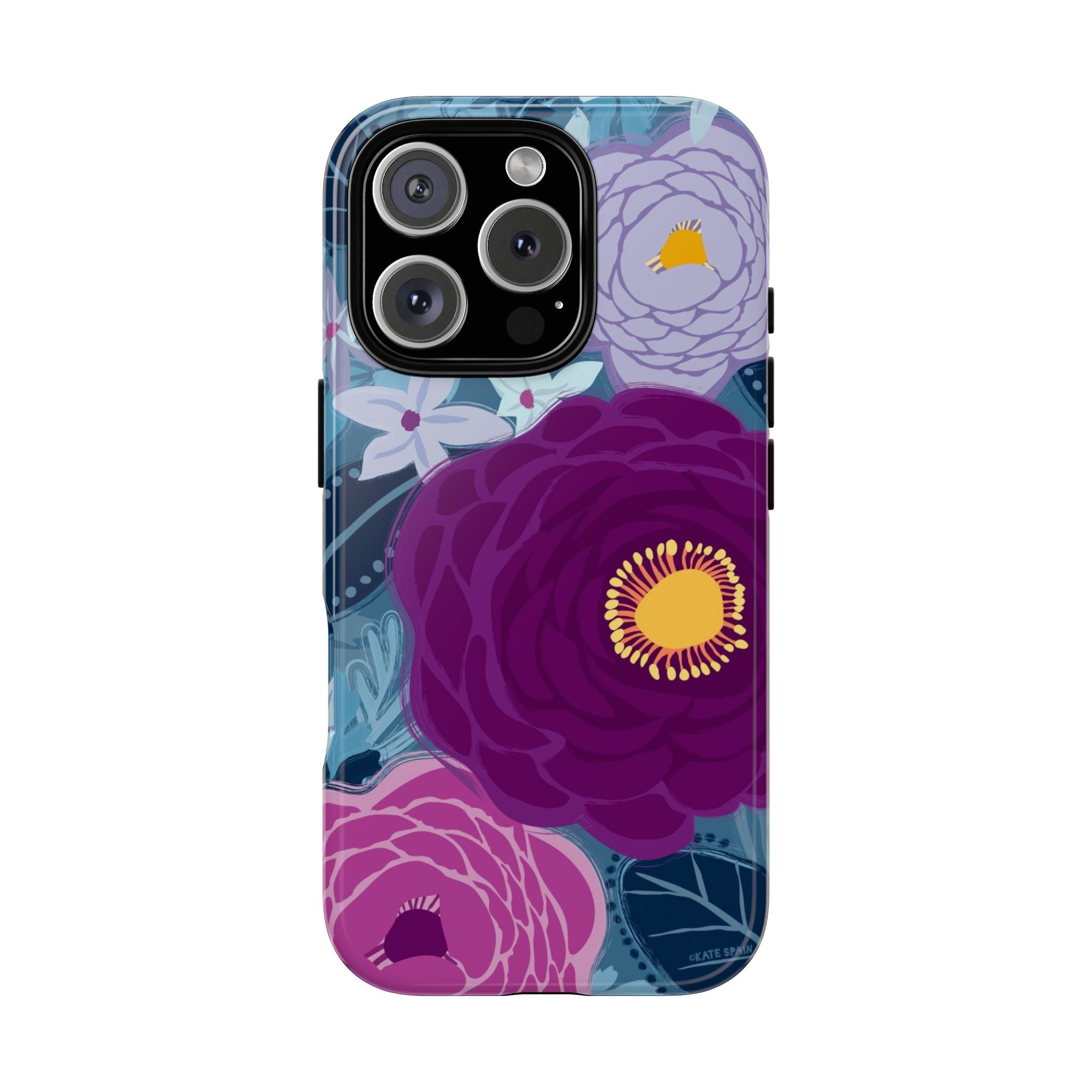 Bloomerie Tough iPhone 16 Pro Max Case – Glossy | navy, purple, magenta botanical peony floral print