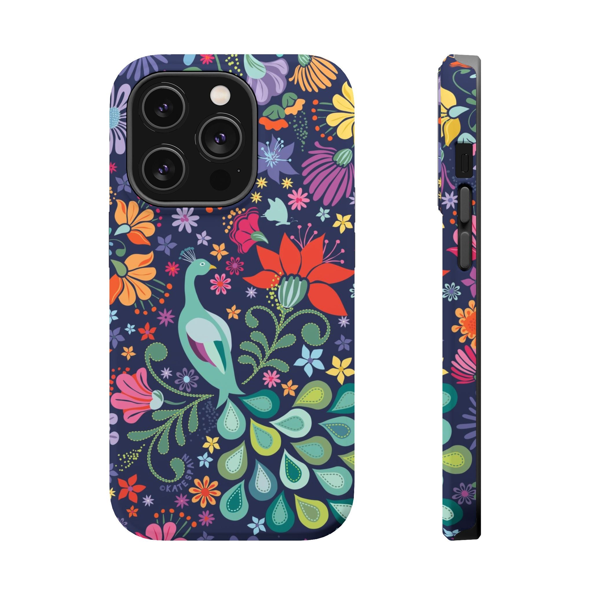 Peacock Sanctuary MagSafe iPhone 14 Pro Case – Matte | navy, teal, ivory peacock botanical print MagSafe compatible, dual-layer protection