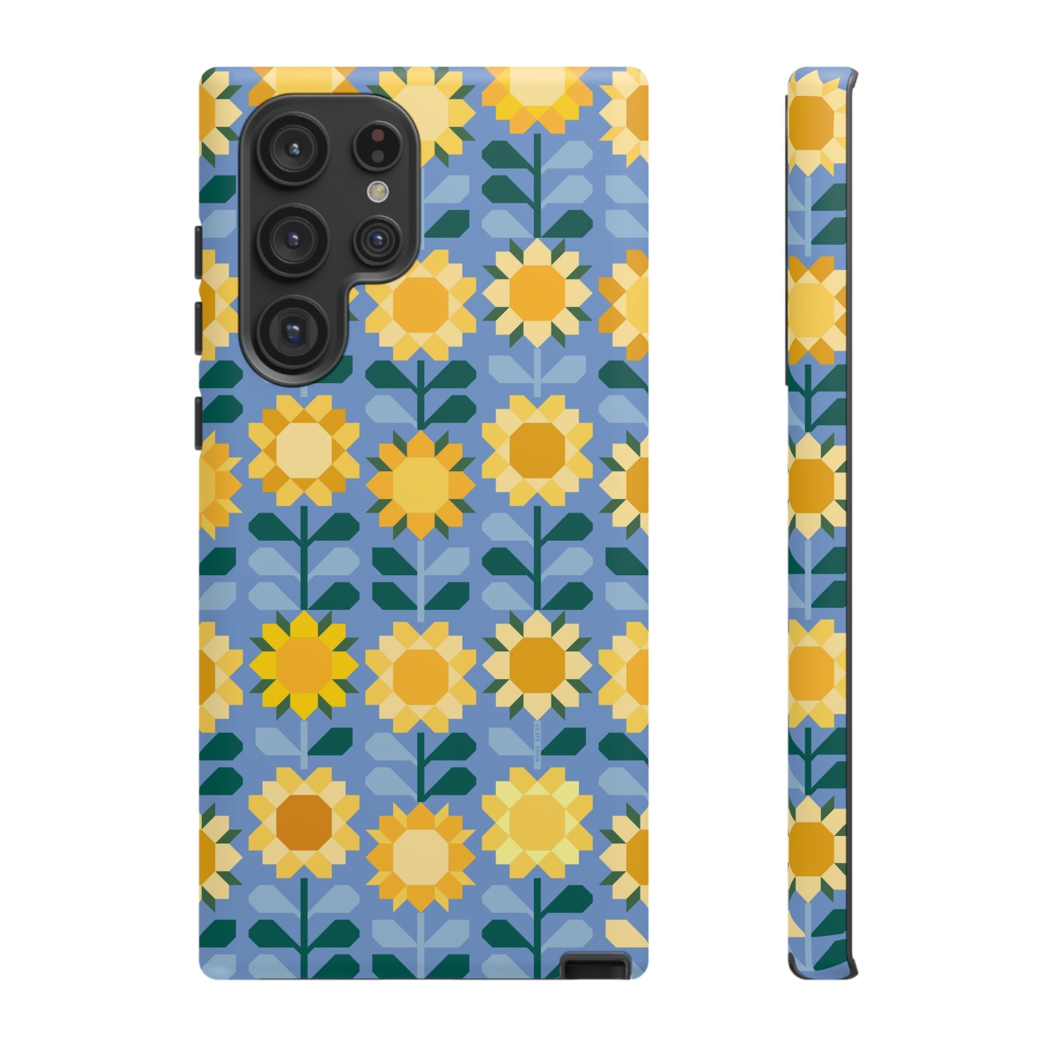 Luxury Sunflowers Samsung Galaxy S22 Ultra Case – Matte | blue, yellow, gold geometric sunflower print 