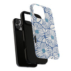 Calendula Tough iPhone 16 Pro Max Case – dual-layer construction detail | periwinkle, cream, teal graphic daisy floral print