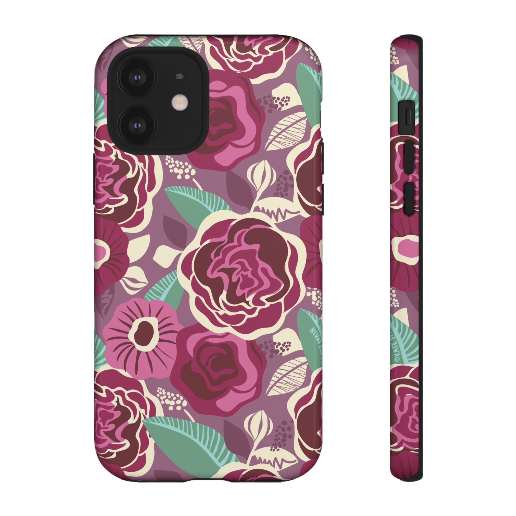 Tea Rose Burgundy Tough iPhone 12 Case – Glossy | burgundy, magenta, plum botanical rose floral print