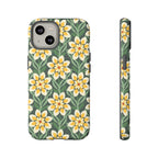Designer Modern Dahlia Tough iPhone 14 Case – Matte | yellow, cream, green dahlia floral print