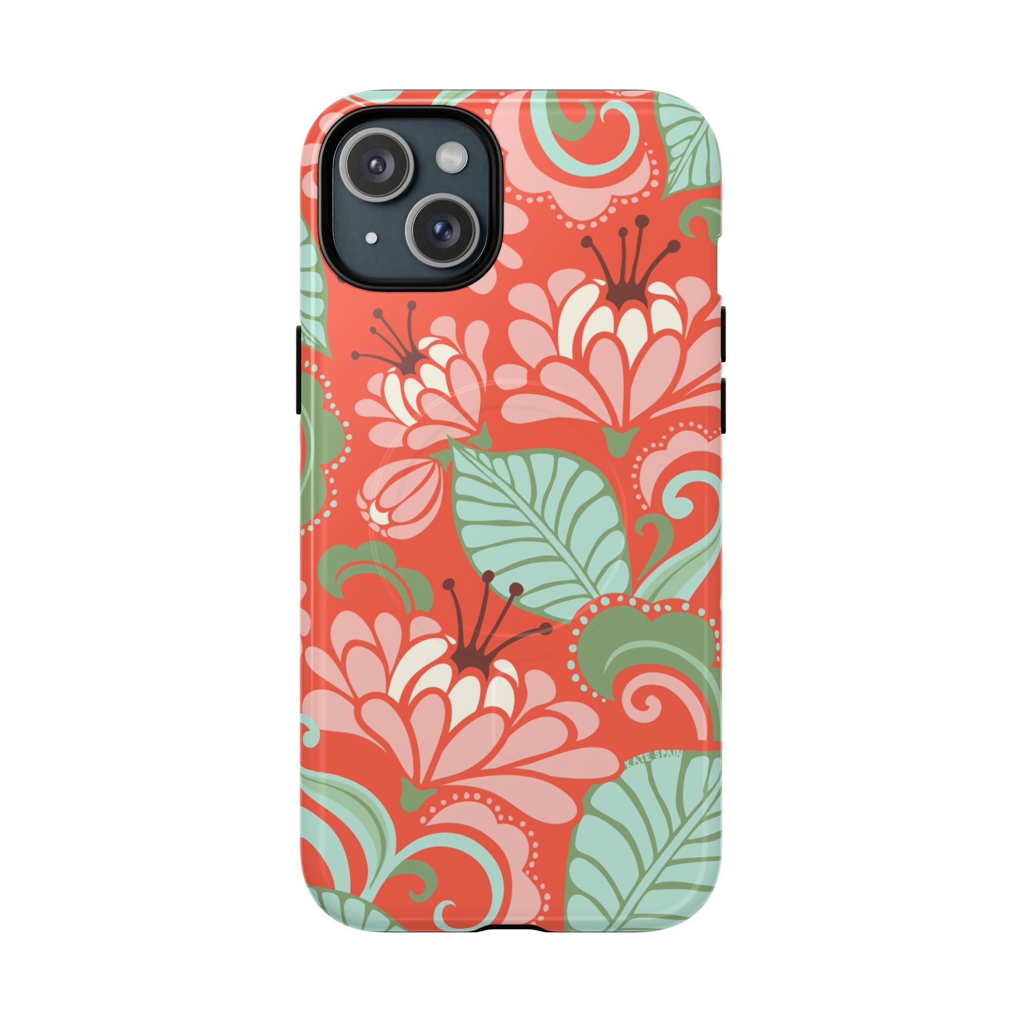 Sarabande MagSafe iPhone 15 Plus Case – Glossy | coral, pink, cream, green botanical floral print