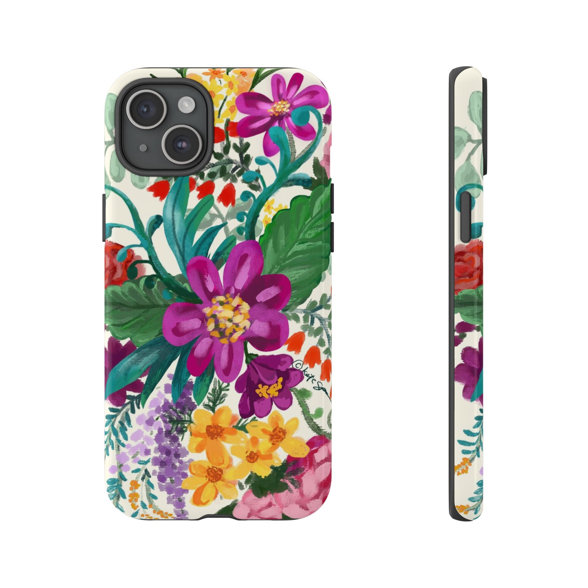 Posy Tough iPhone 15 Plus Case – Glossy | cream, magenta, coral botanical floral print