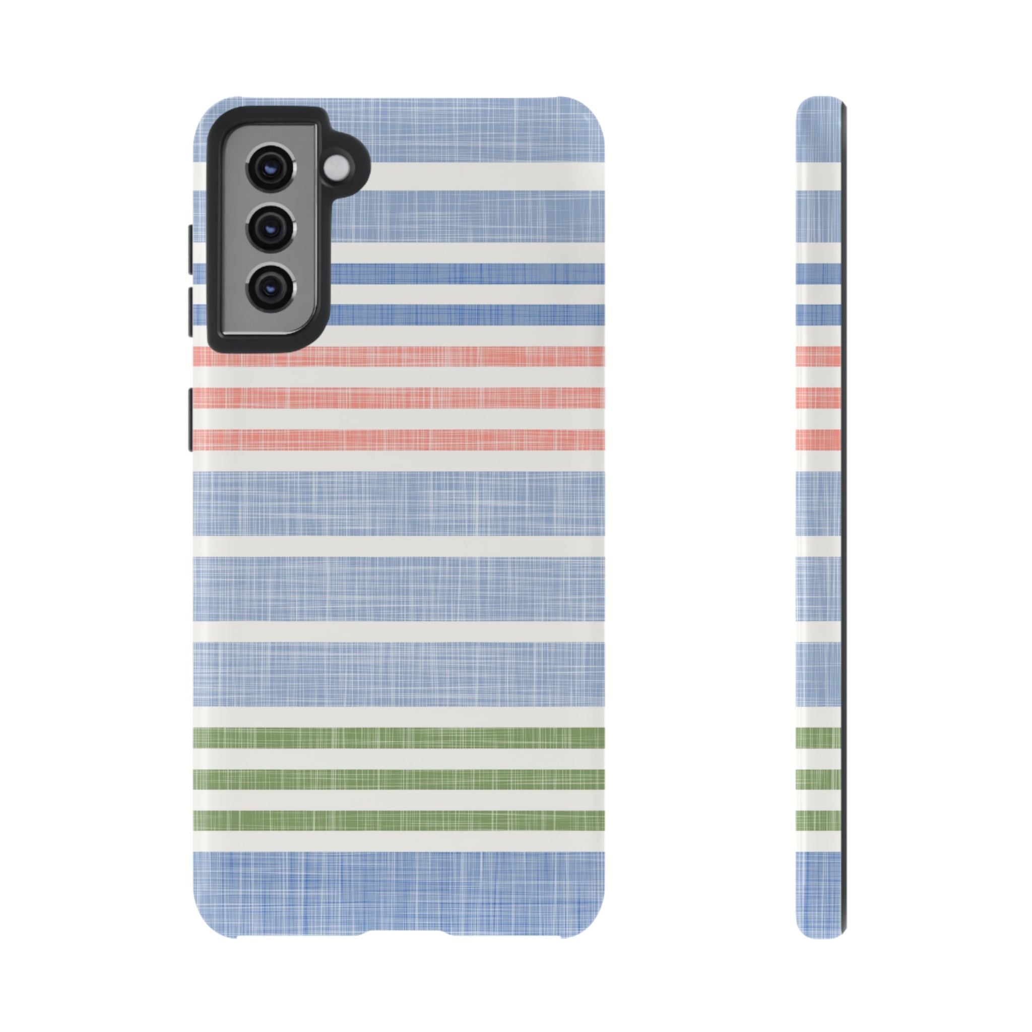 Cabana Stripe Pastel Samsung Galaxy S21 Plus Case – Glossy | soft blue, coral, sage green chambray-textured stripe print dual-layer protection