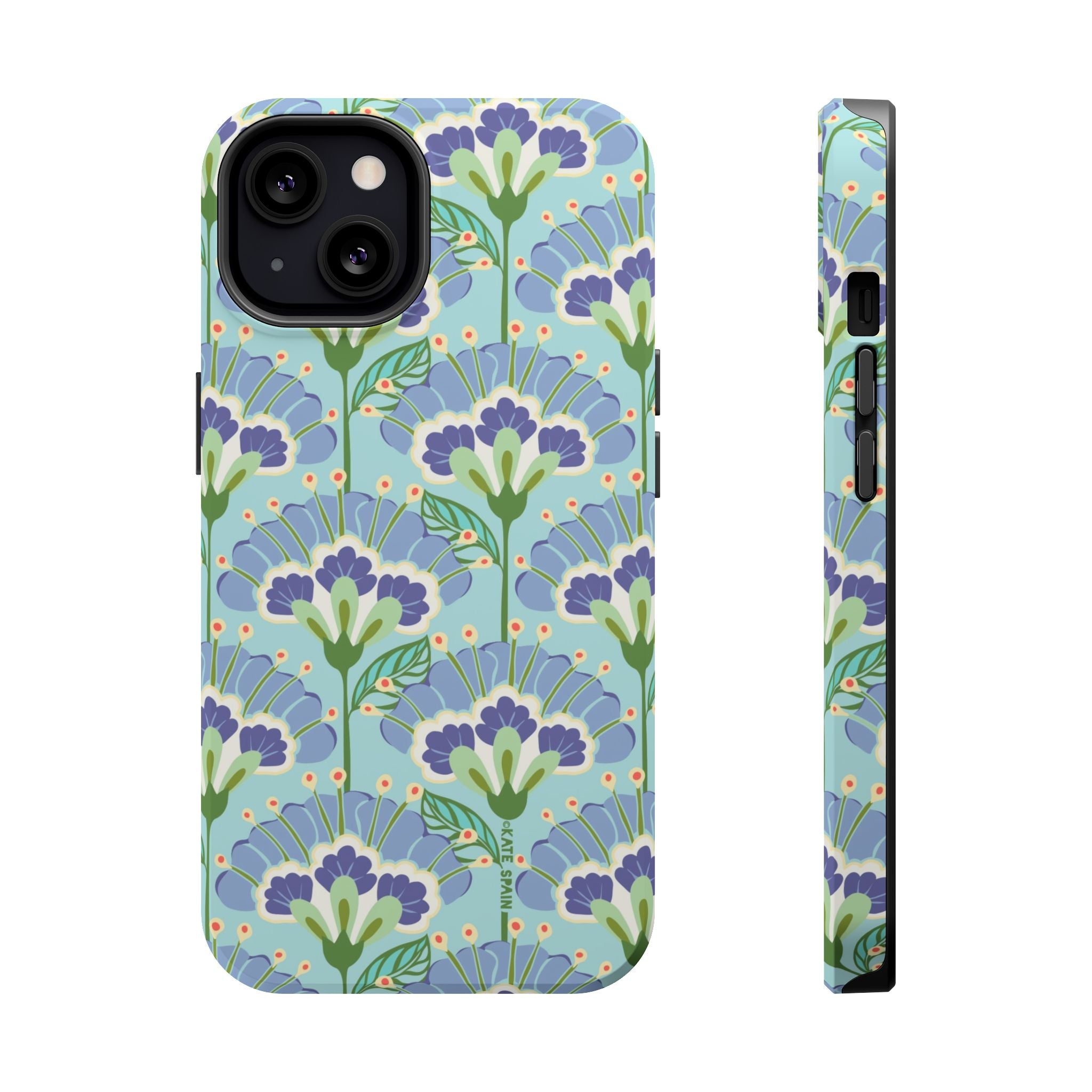 Lantern Flower MagSafe iPhone 13 Mini Case – Glossy | aqua, periwinkle, green botanical lantern floral print MagSafe compatible, dual-layer protection