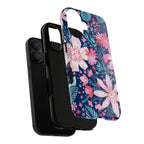 Bonaire MagSafe iPhone 17 Case – Dual-layered view of case and inner lining in front of phone, with view of camera cutout and buttons | navy, pink, white tropical floral botanical print