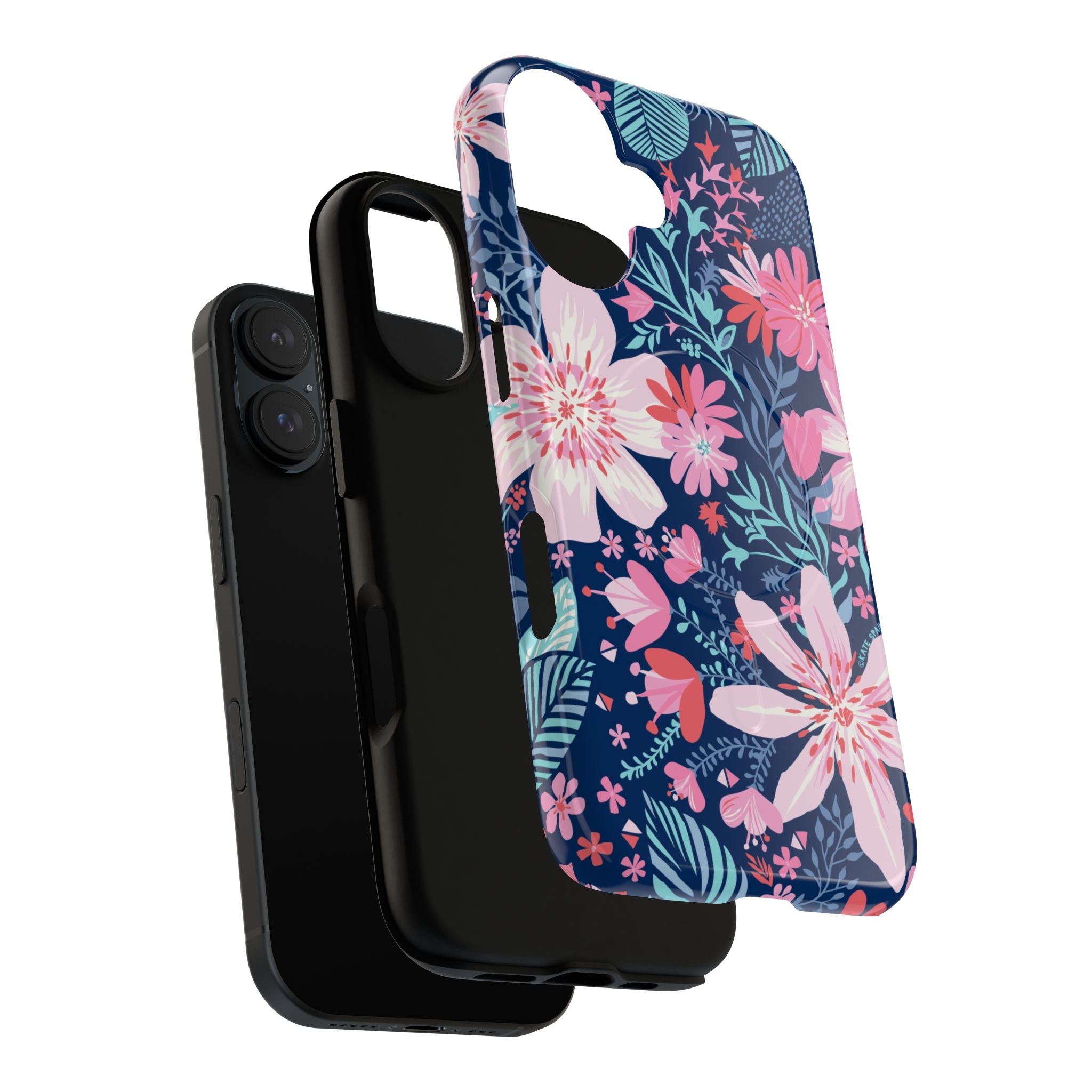 Bonaire MagSafe iPhone 17 Case – Dual-layered view of case and inner lining in front of phone, with view of camera cutout and buttons | navy, pink, white tropical floral botanical print