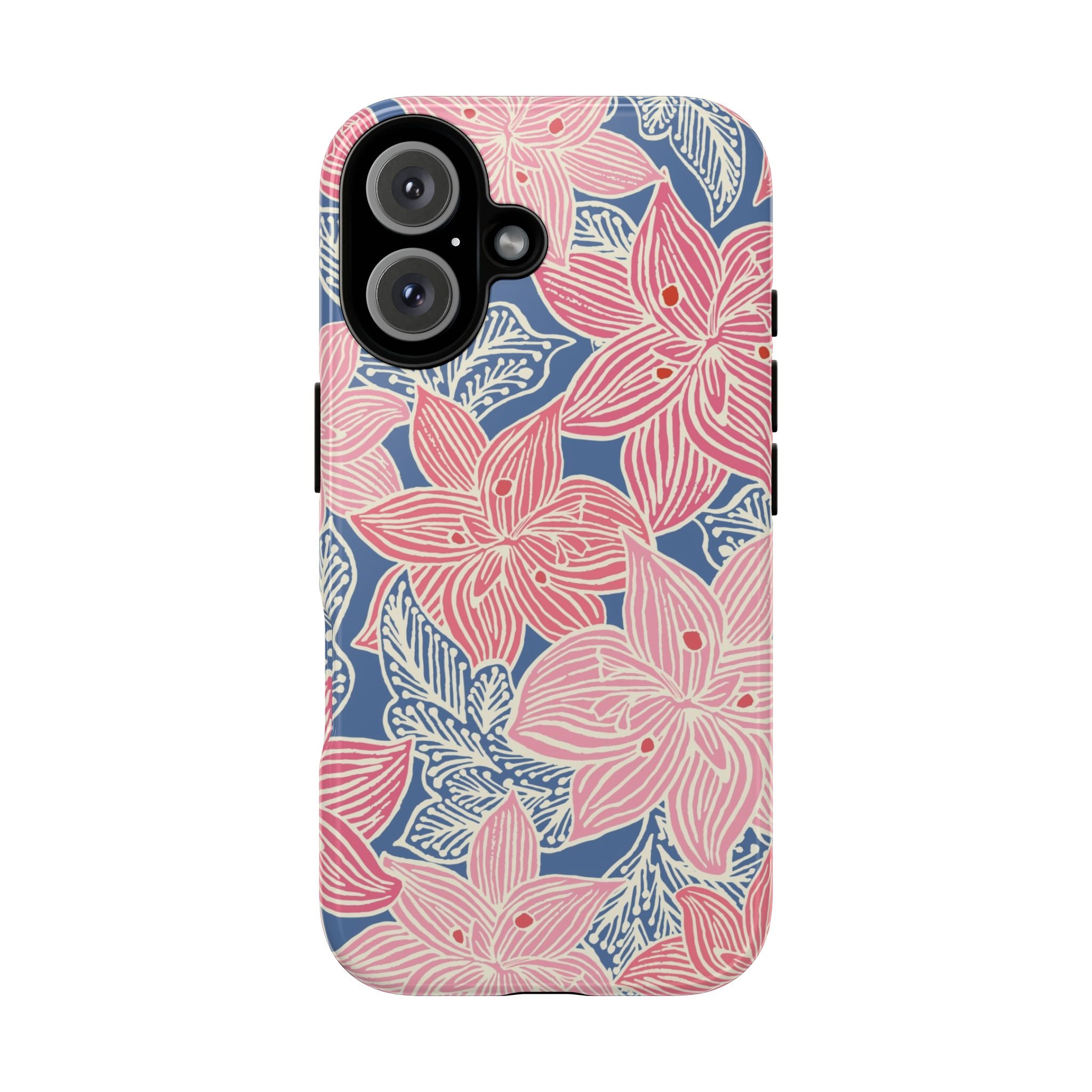 Hibiscus Lagoon Tough iPhone 16 Case – Glossy | coral, blush, cream, dusty blue hibiscus botanical print
